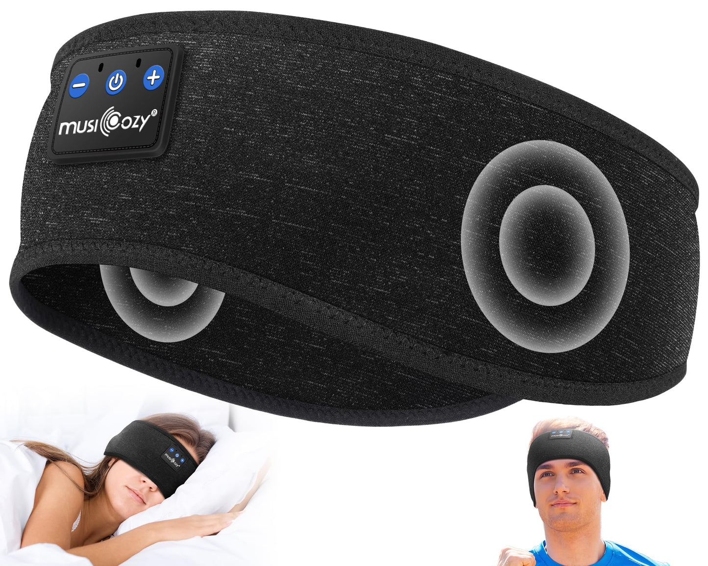 MUSICOZY Sleep Headphones Bluetooth 5.4 Headband, Wireless Earphones Music Sleep Earbuds Sleeping Eye Mask with HD Stereo Speakers for Workout Running Travel Yoga, Ideal Gifts (Double-Sided Black) - Medaid International