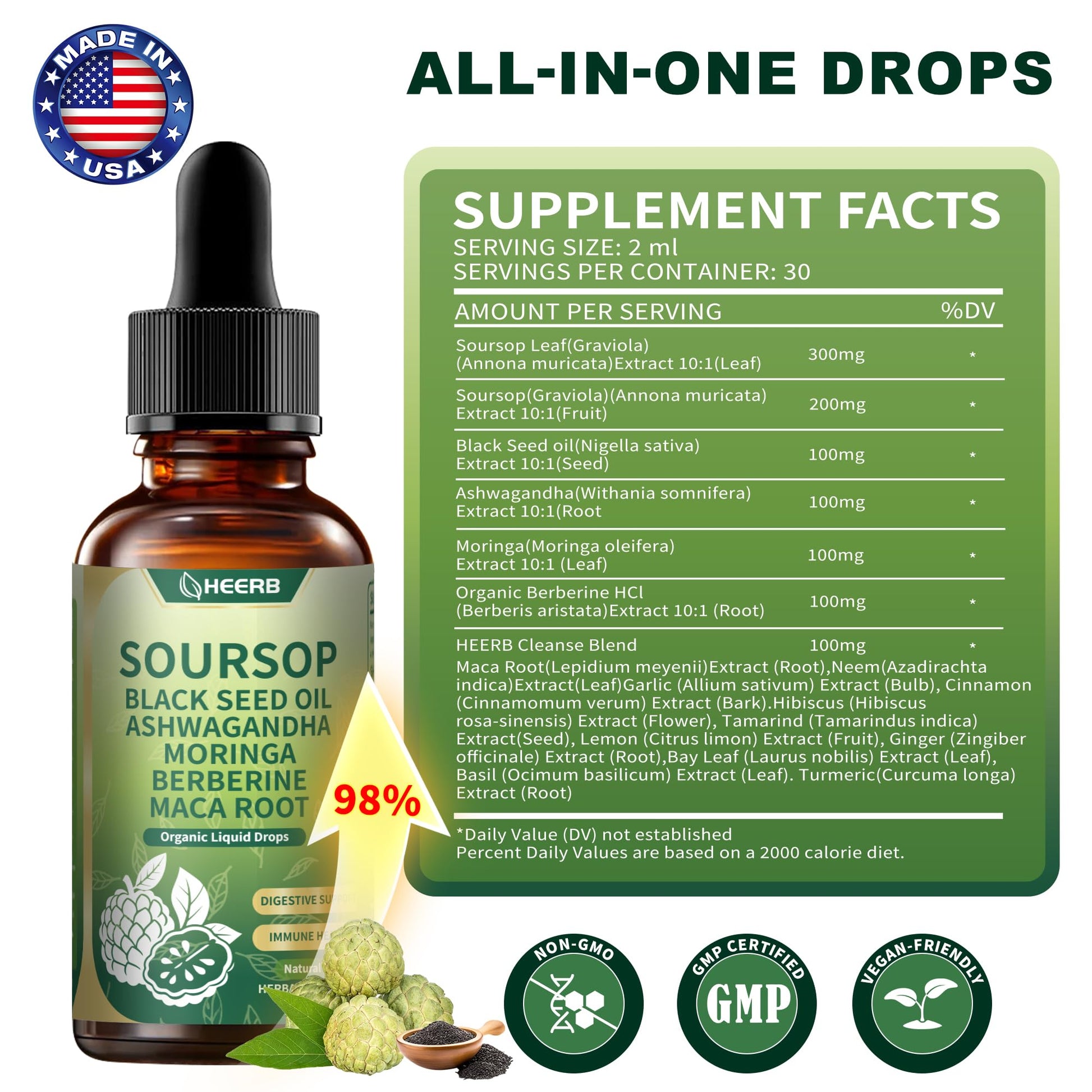 HEERB Organic Soursop Bitters Liquid – 4 Steps Detox Blend with Black Seed Oil, Ashwagandha, Moringa, Berberine, Maca Root | Pure Soursop Drops Supports Digestion, Energy & Overall Wellness (2 Fl Oz) - Medaid International