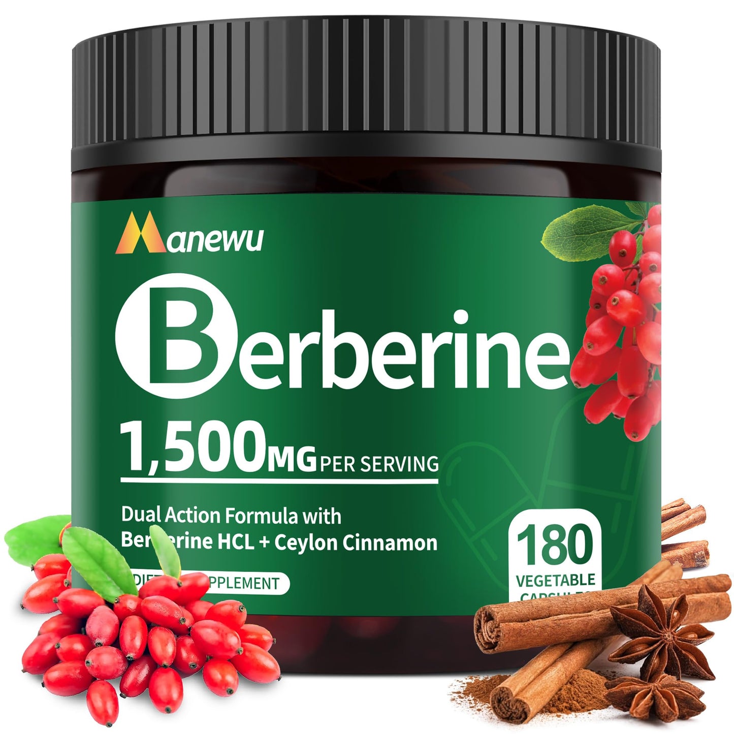Manewu Organic Berberine Supplement - 180 Count Berberine with Ceylon Cinnamon & Citrus Bergamot,Cinnamon Supplements,Berberine 1500mg Complex, 3-Month Supply - Medaid International