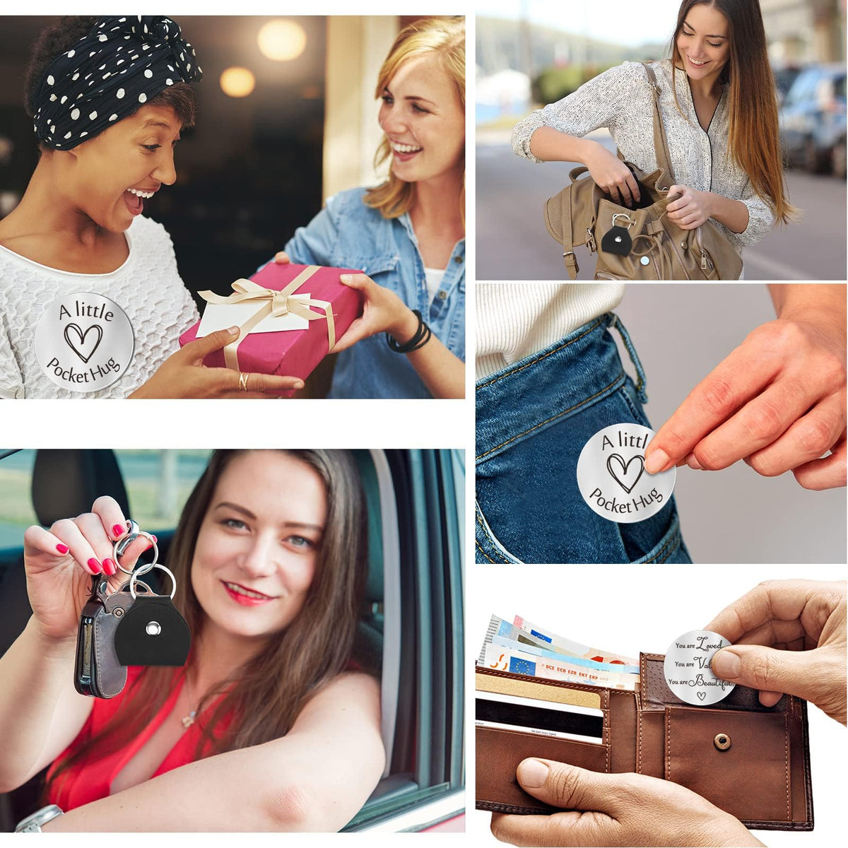 TERRIFI Pocket Hug Token Keychain - Long Distance Relationship Keepsake Stainless Steel Double Sided Inspirational Giftwith PU Leather Keychain