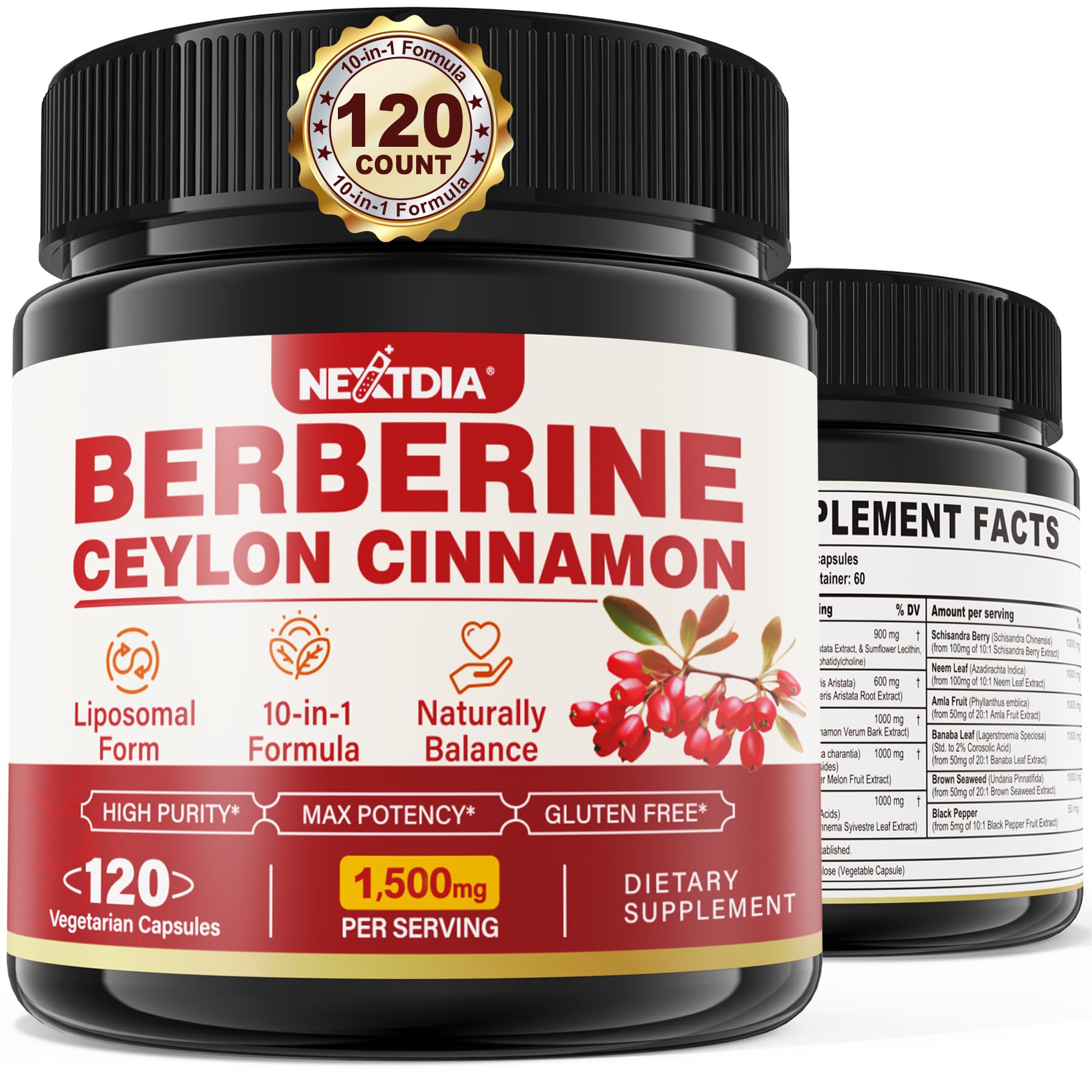 Berberine Supplement Organic 1500mg with Ceylon Cinnamon Bitter Melon, Liposomal Berberine HCL Complex Supplements, Immune & Digestive Support - Non-GMO, Organic, Vegan Berberine Capsules 120Cts - Medaid International