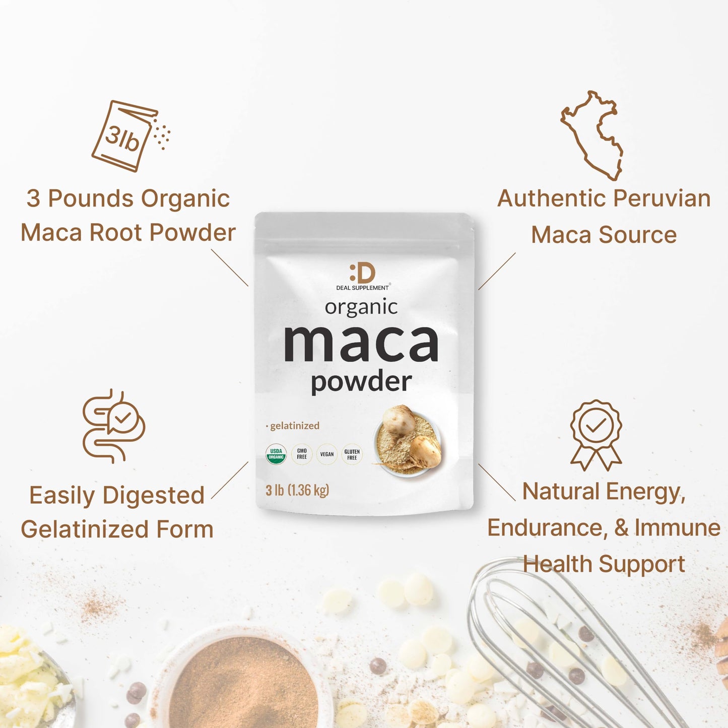 Organic Peruvian Maca Root Powder, 3lbs – Easily Digested Gelatinized Form – Herbal Superfoods Supplement for Men & Women – Supports Immune & Energy Health – Non-GMO - Medaid International