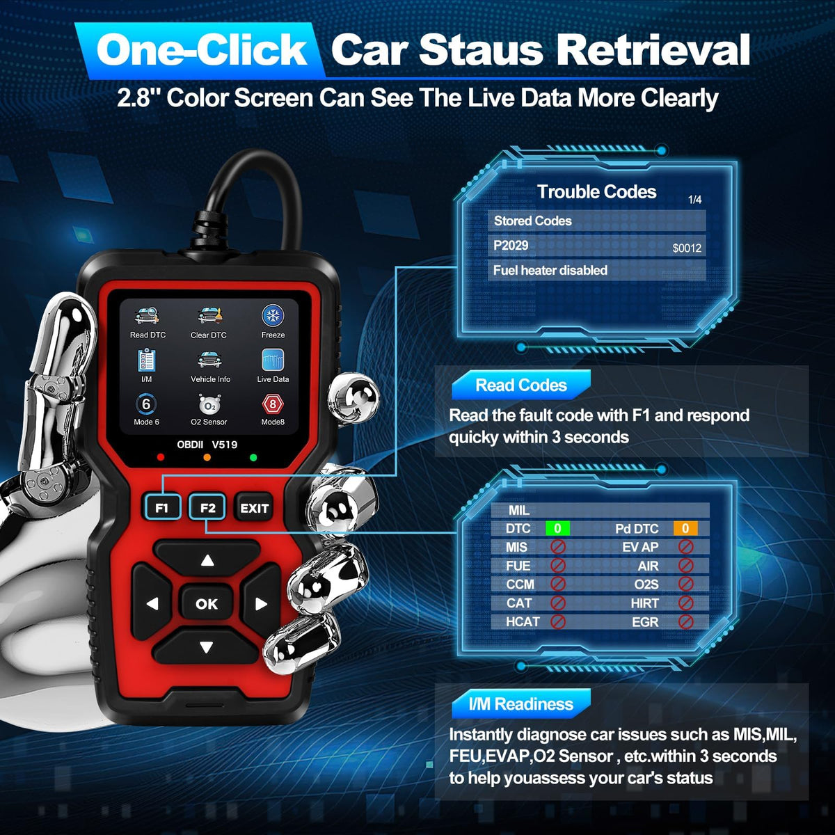 KASTWAVE Comprehensive OBD2 Scanner for Car Diagnostics, Engine Code Reader with Full Functions, Reset and Mode 6 for OBDII EOBD Vehicles Since 1996