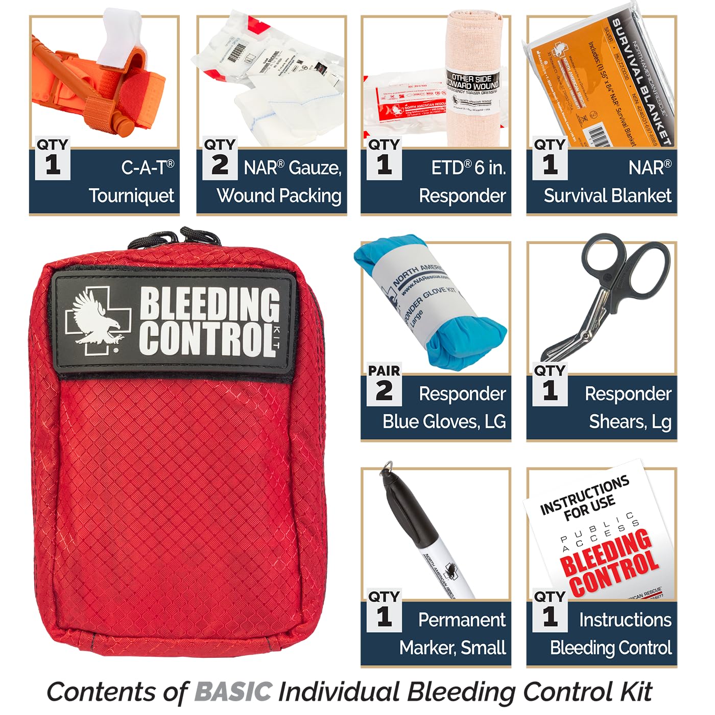 North American Rescue Public Access Individual Bleeding Control Kit (Basic) NAR Compact Blood Control Bag with C-A-T Tourniquet, ETD, Gauze, Survival Blanket (80-0452)