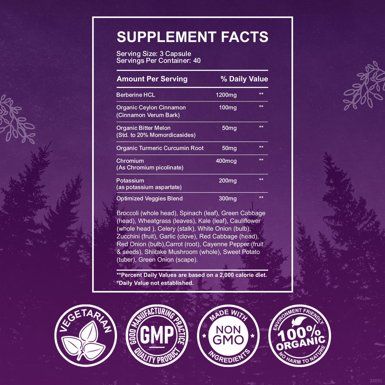 Berberine HCL Capsules 1200 mg - Berberine Supplement with Ceylon Cinnamon, Chromium, Veggies Blend - Supports Metabolism and Immune System, Gut Health - 120 ct Easy to Swallow Vegan Pills - Medaid International