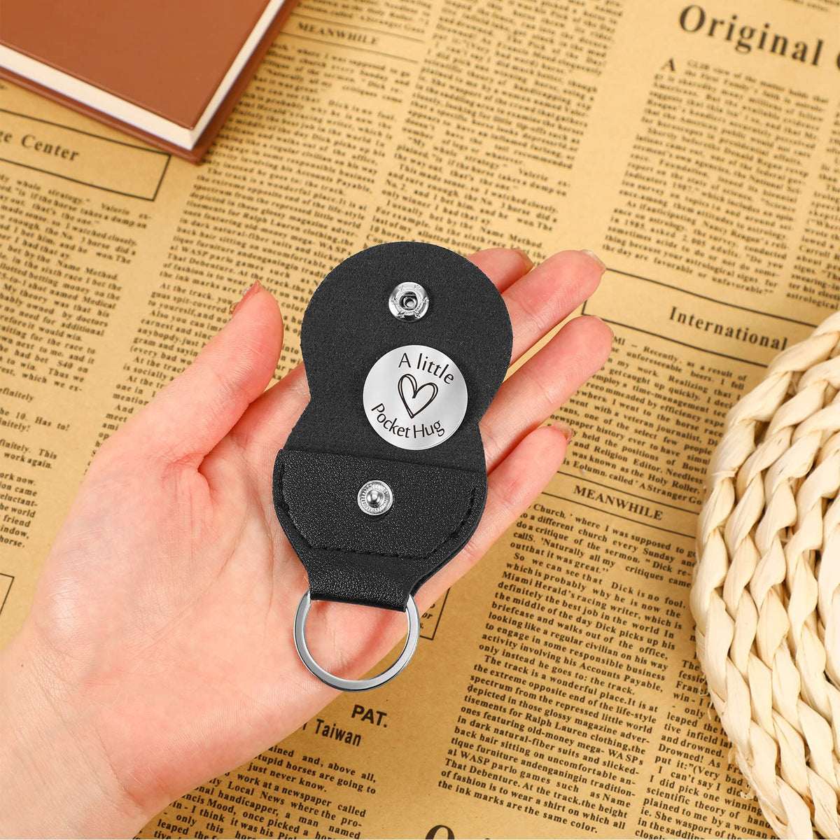 TERRIFI Pocket Hug Token Keychain - Long Distance Relationship Keepsake Stainless Steel Double Sided Inspirational Giftwith PU Leather Keychain