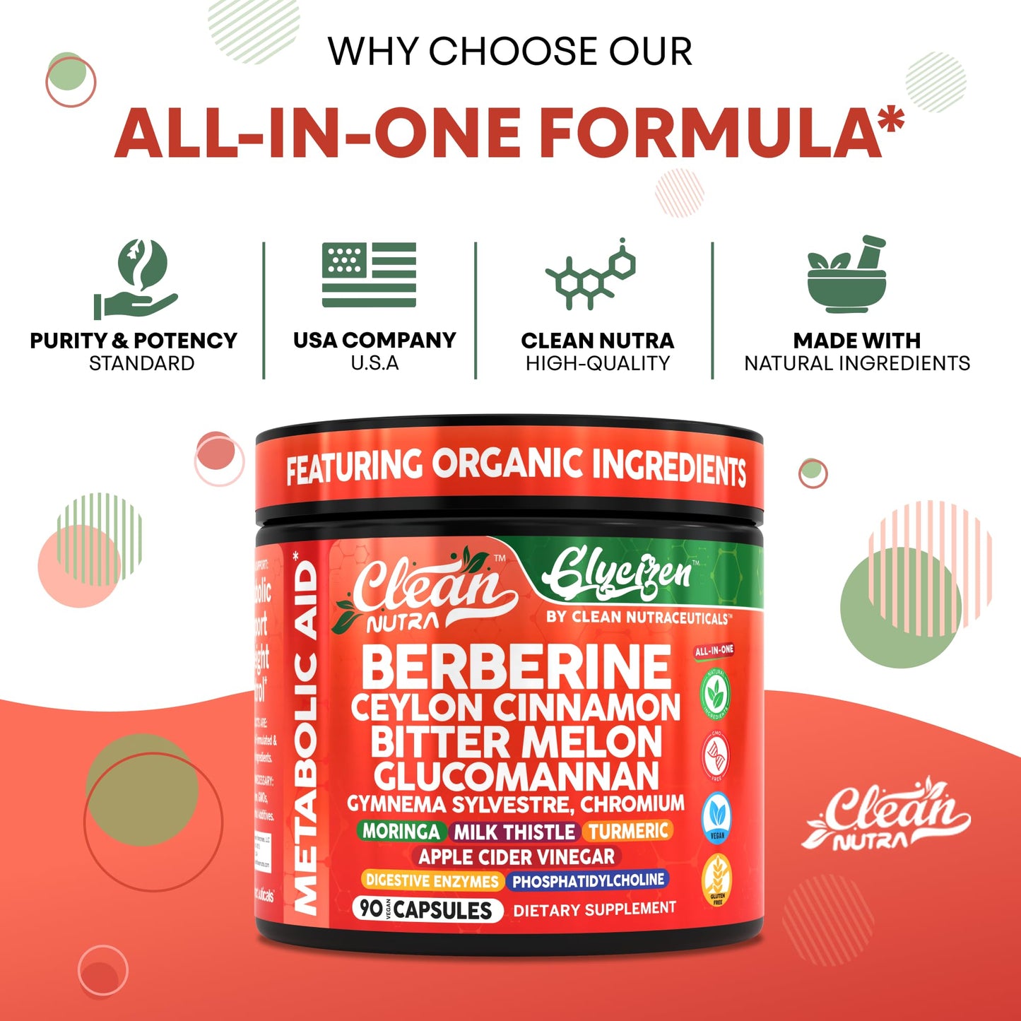Clean Nutra Berberine and Ceylon Cinnamon Supplement Bitter Melon Glucomannan Gymnema Sylvestre Chromium Moringa Milk Thistle Turmeric Apple Cider Vinegar Digestive Enzymes Inositol Pills 90 Capsules - Medaid International