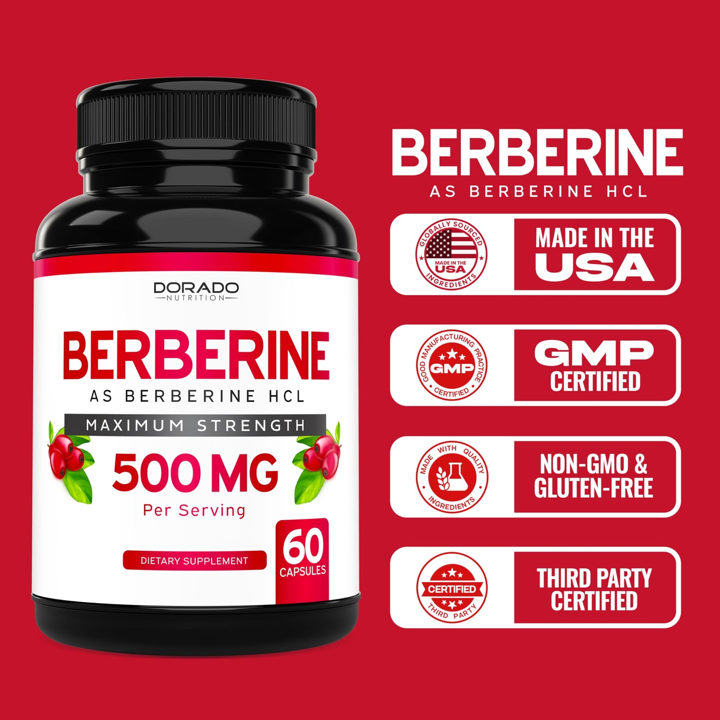Berberine Supplement 500mg Per Serving (60 Capsules) Berberine HCL for Gut Health Support for Men and Women - Premium Supplements for Adults - Third Party Tested - Vegan Capsules & USA Made - Medaid International
