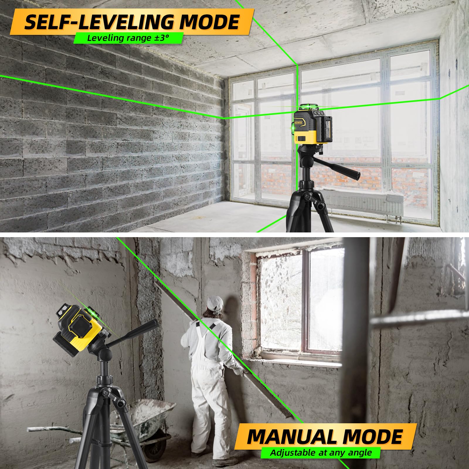 IKOVWUK Laser Level with Tripod, Laser Level 3x360° Self Leveling 12 Green Line, Rechargeable Battery 2 x 3000 mAh & Type-C Charging Port, Compact Adjustable 1.6M Tripod & Carry Pouch Included - Medaid International