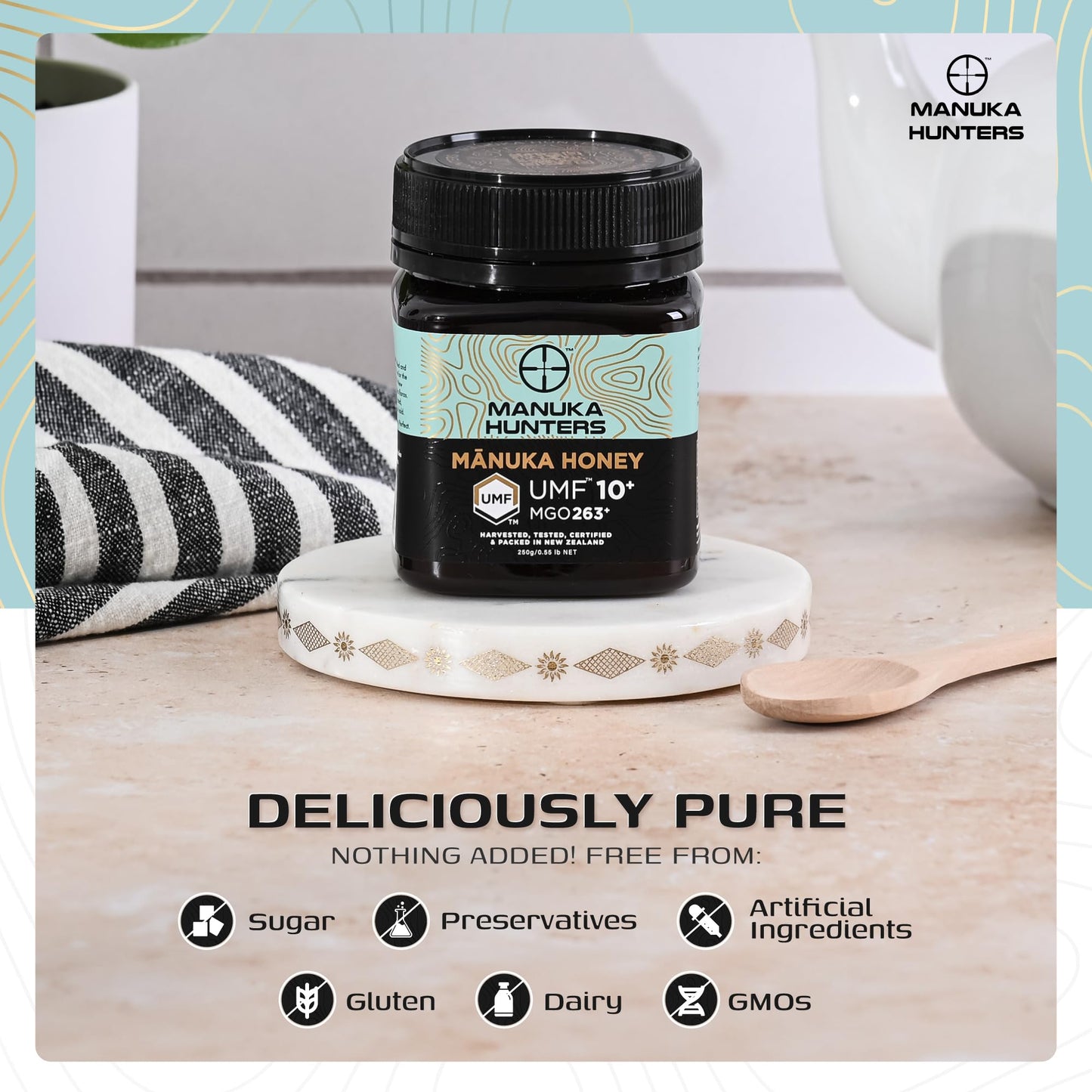 Manuka Hunters UMF 10+/MGO 263+ Certified New Zealand Manuka Honey - 100% Pure Natural Sweetener - Gluten, Dairy Free - Ideal for Tea, Coffee, Smoothies, and Baking - Sustainable - 8.8oz/250g Jar - Medaid International