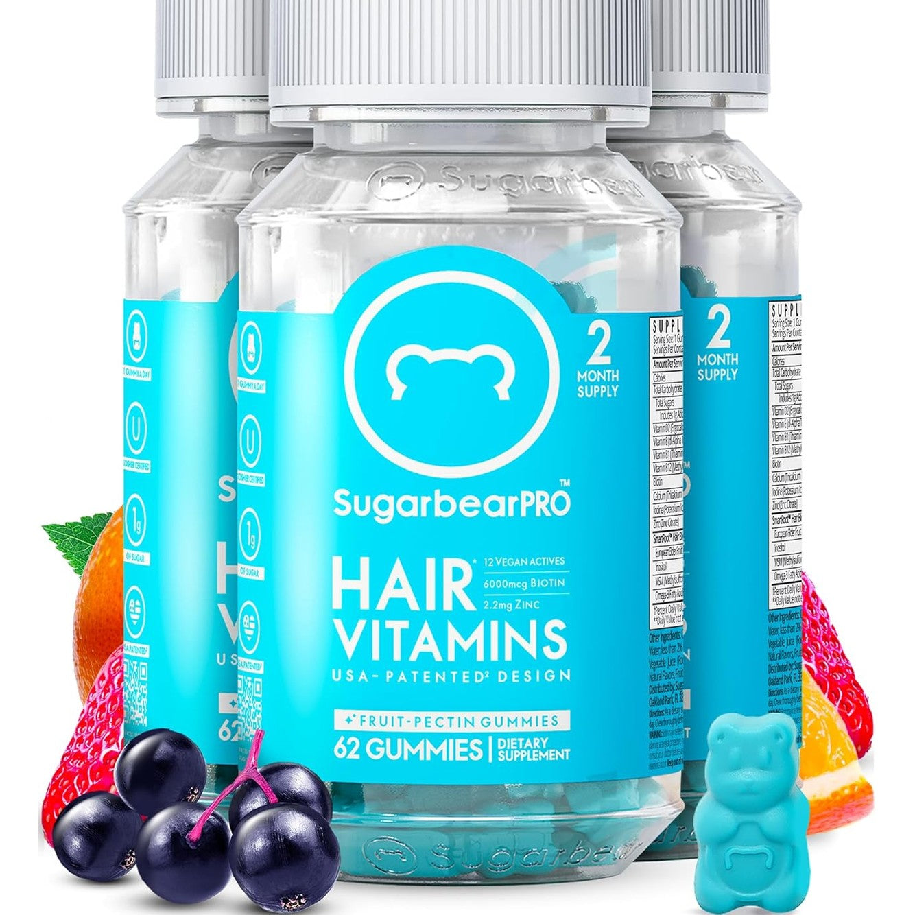 Sugarbear Pro Hair Vitamin Vegan Gummies - 3 Month Pack + Brush - Medaid International