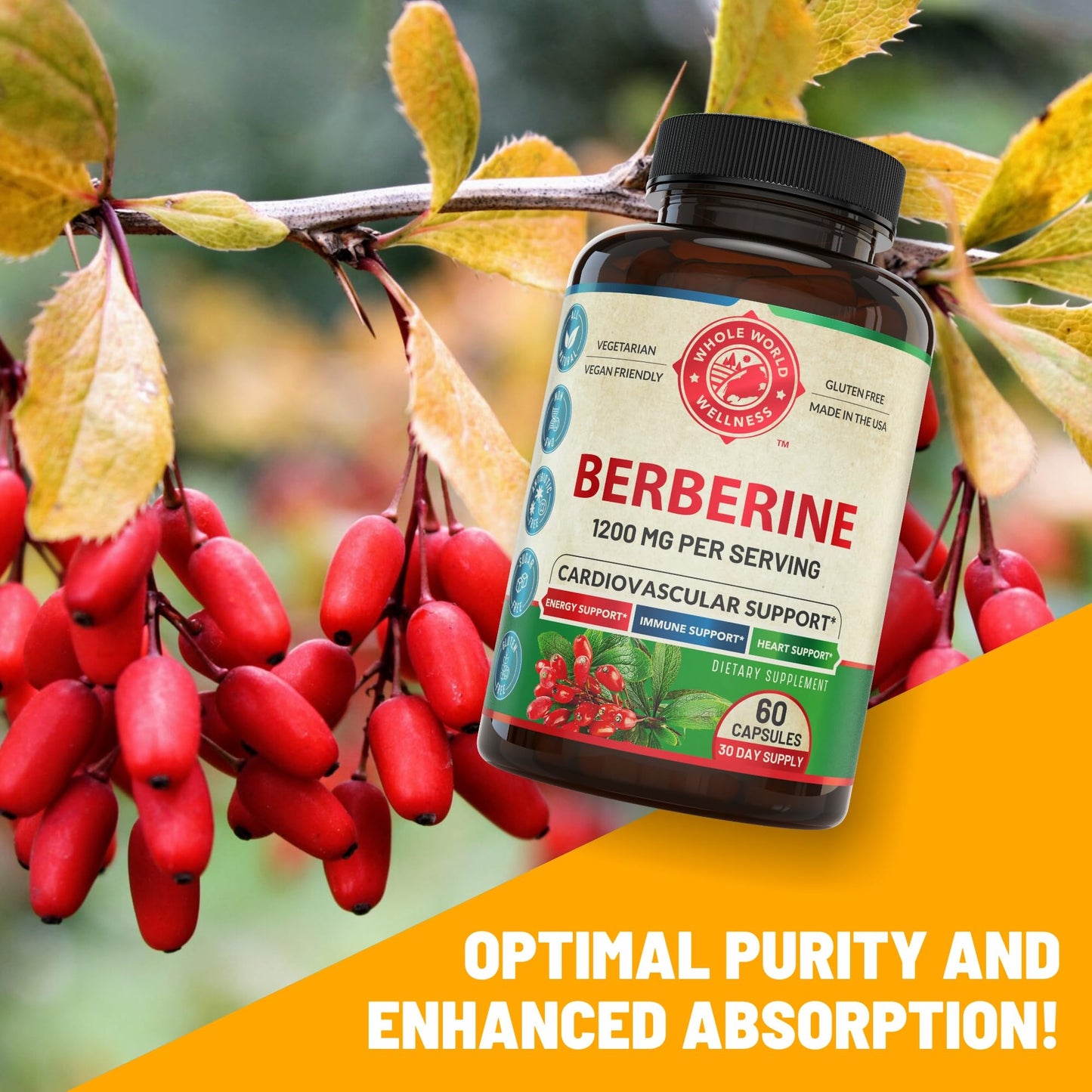 1200mg Berberine Herbal Health Capsules Support Heart and Cardiovascular Health, Help Maintain Healthy Cholesterol, Triglyceride, Blood Sugar Levels, Supports Digestion, Boosts Metabolism, 60 Capsules - Medaid International