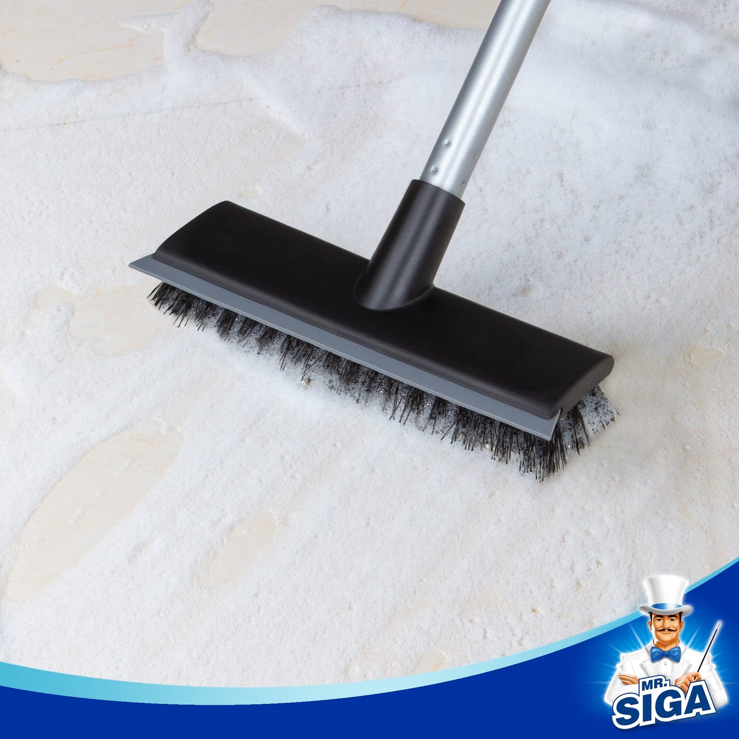 MR.SIGA Floor Scrub Brush with Long Handle, 2 in 1 Scrubber and Squeegee for Cleaning Bathroom, Patio, Garage, Wall, Tile with Stiff Bristles - Medaid International