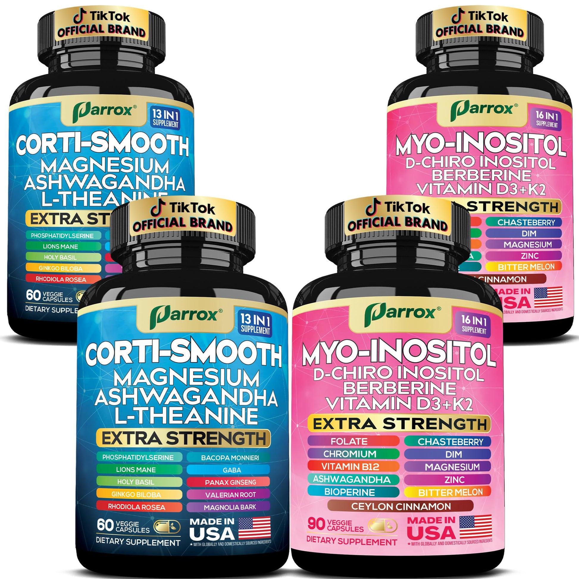 Parrox Cortisol & Myo-Inositol Supplement Bundle, Soothe & Smooth Bundle, Cortisol Balance, GABA, Magnesium, Ashwagandha, L-Theanine, D-Chiro Inositol, Folate, Berberine, Chasteberry, Zinc (2 Pack) - Medaid International