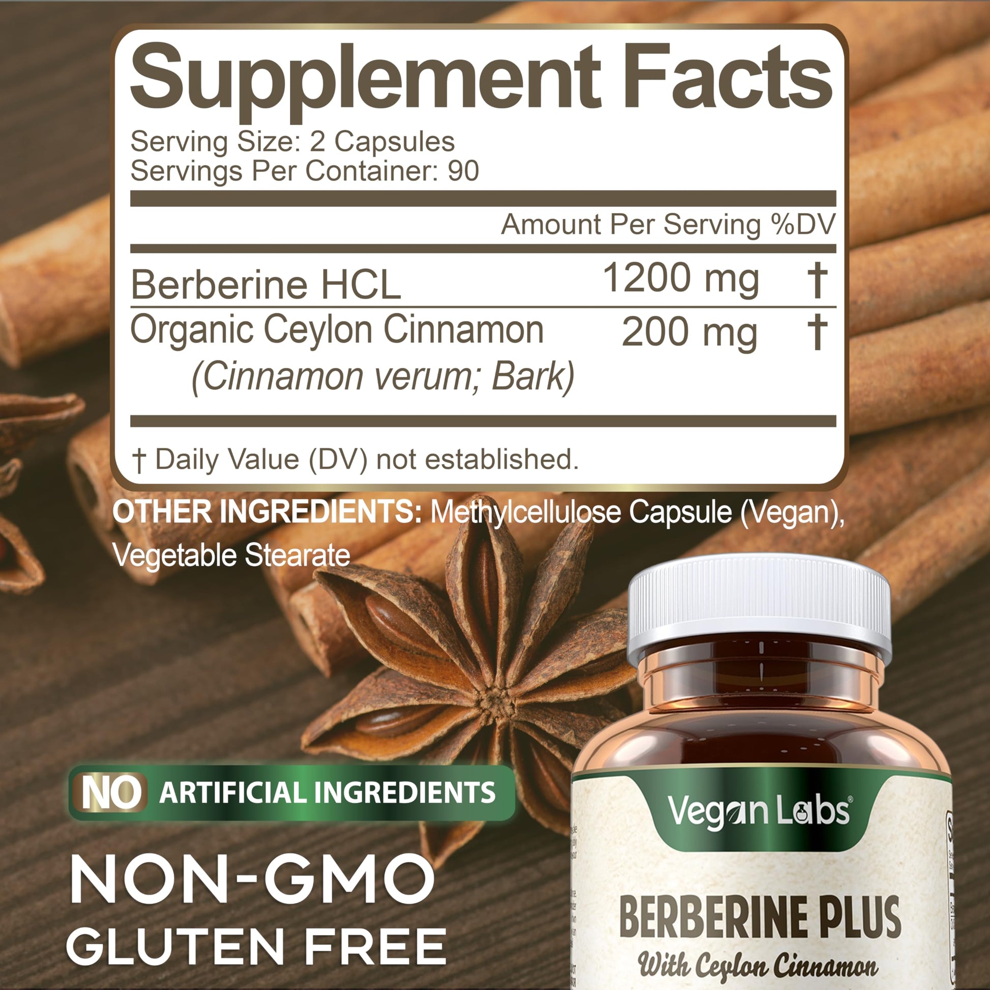 Vegan Labs Berberine HCL 1200MG with Organic Ceylon Cinnamon- 180 Vegan Capsules- Supports Overall Health and Immune System - Medaid International