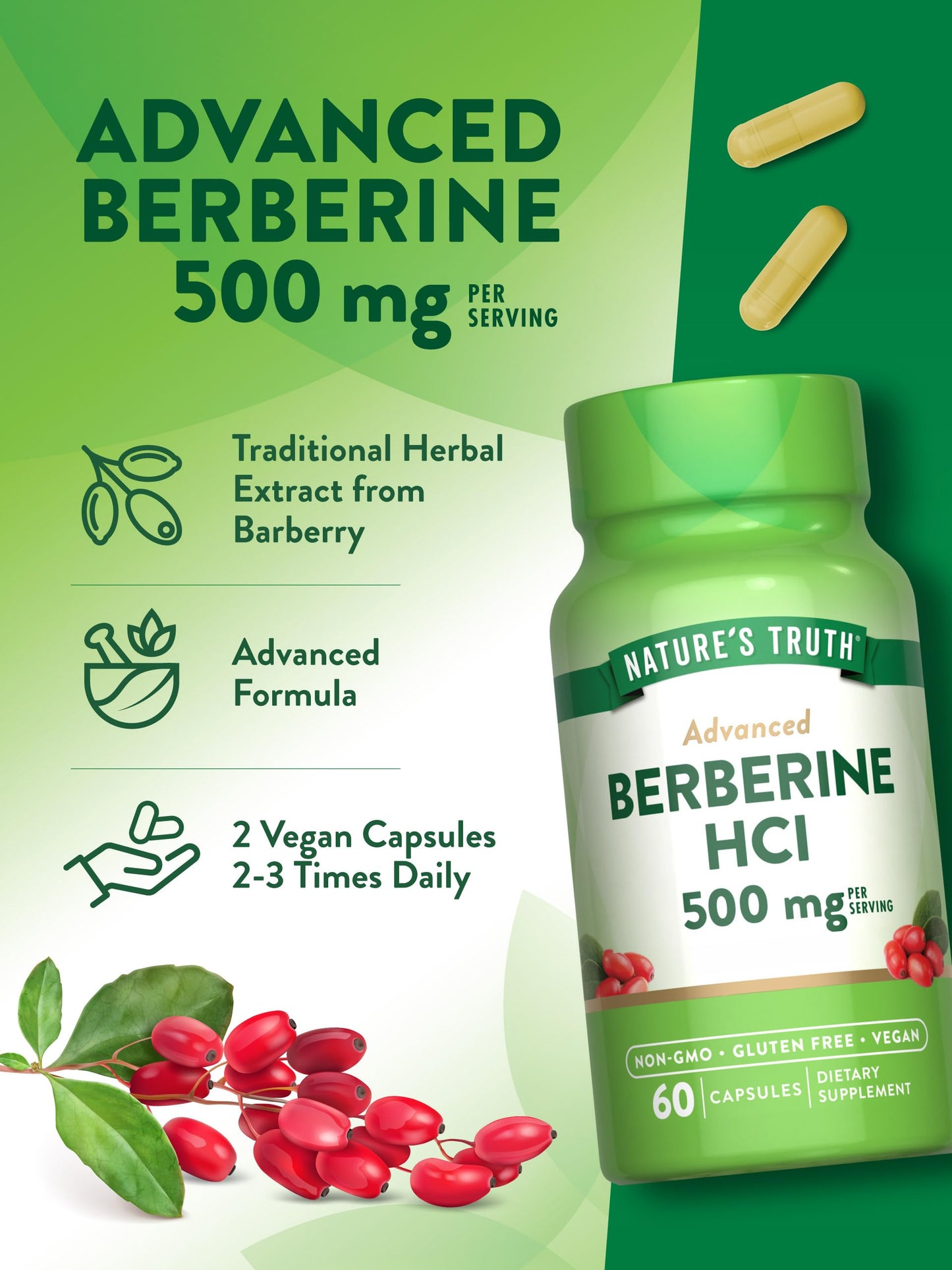 Nature's Truth Berberine HCl 500mg | 60 Capsules | from Barberry Extract | Vegan, Non-GMO, and Gluten Free Supplement - Medaid International