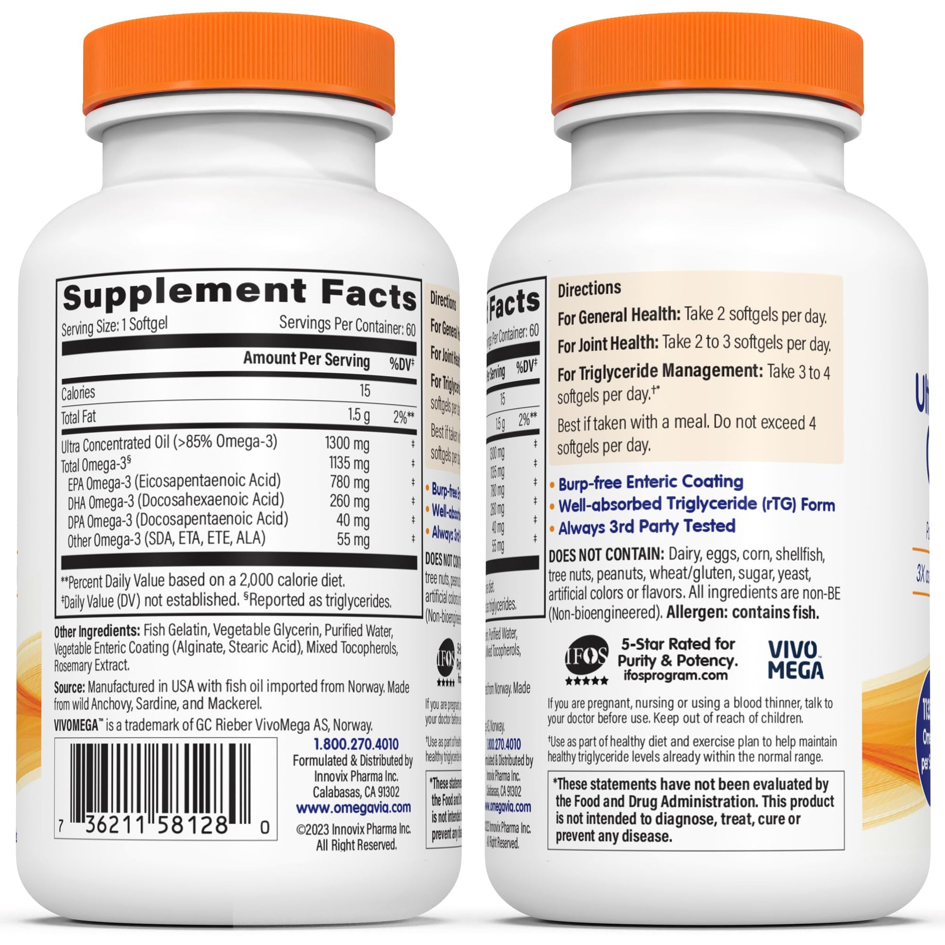 OmegaVia Ultra Concentrated Omega 3 Fish Oil Burpless, 60 Softgels, Triple Strength Omega 3 Fish Oil Supplements, 1135 mg Pure Omega3, No Fishy Burps, High EPA DHA DPA, IFOS 5-Star - Medaid International