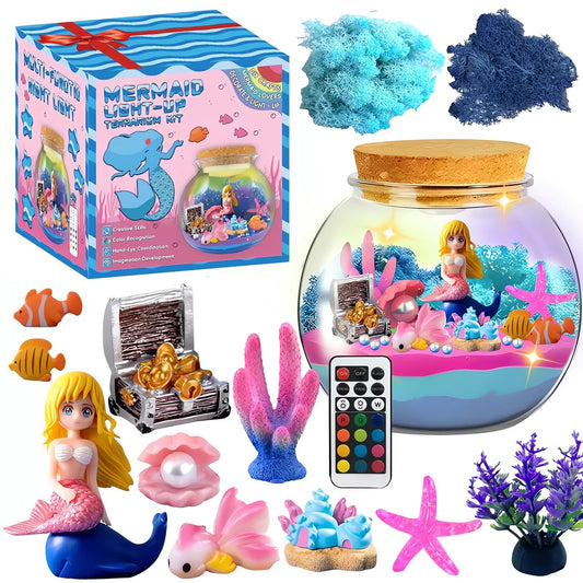 Mermaid Terrarium Kit for Kids, DIY Arts & Crafts Gift for Girls Ages 4 5 6 7 8-12 Year Old, LED Night Light with Remote, Best Birthday Easter Unicorn Toys Gifts for Girls Kid