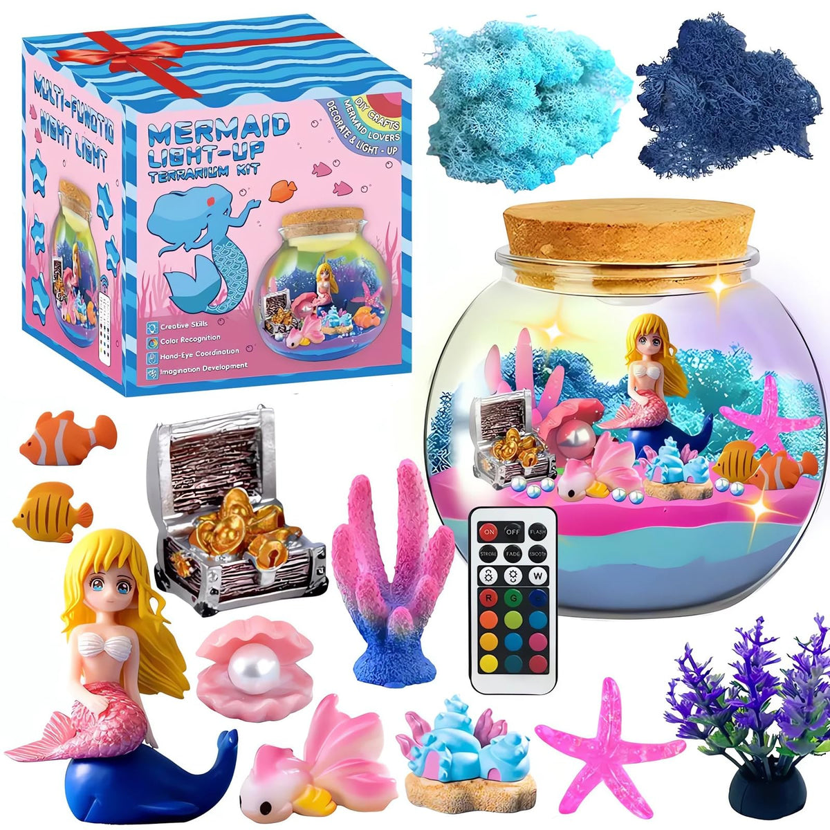 Mermaid Terrarium Kit for Kids, DIY Arts & Crafts Gift for Girls Ages 4 5 6 7 8-12 Year Old, LED Night Light with Remote, Best Birthday Easter Unicorn Toys Gifts for Girls Kid