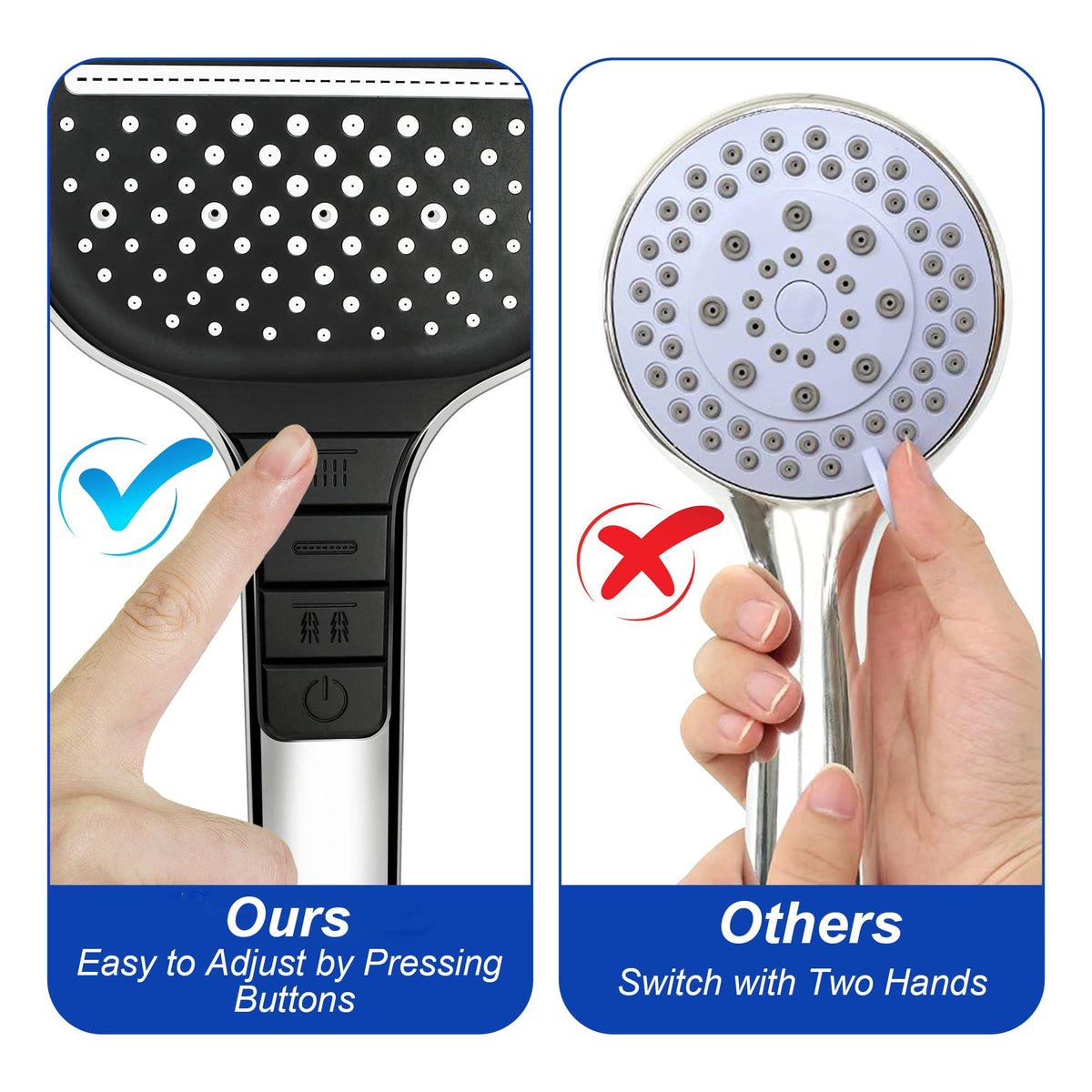 KASTWAVE Shower Head, High Pressure Shower Heads with 8 Spray Modes, Universal Water Saving Large Handheld Powerful Square Shower Head, Single Hand Adjustable (Without Hose Set 1.5m)