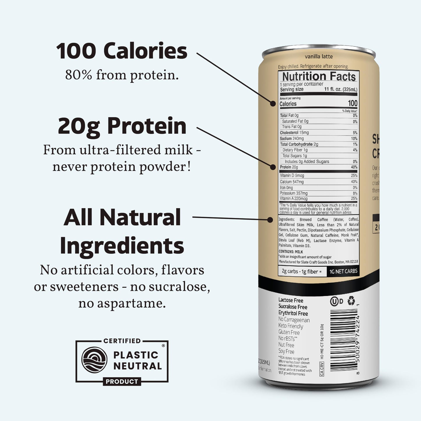 Slate Milk - High Protein Iced Coffee - Vanilla Latte - 175mg Caffeine, Lactose Free Energy - 20g Protein, 1g Sugar, 100 Calories, 1g Net Carbs, No Sugar Added - Protein Coffee - 11 fl oz, 12 Cans - Medaid International