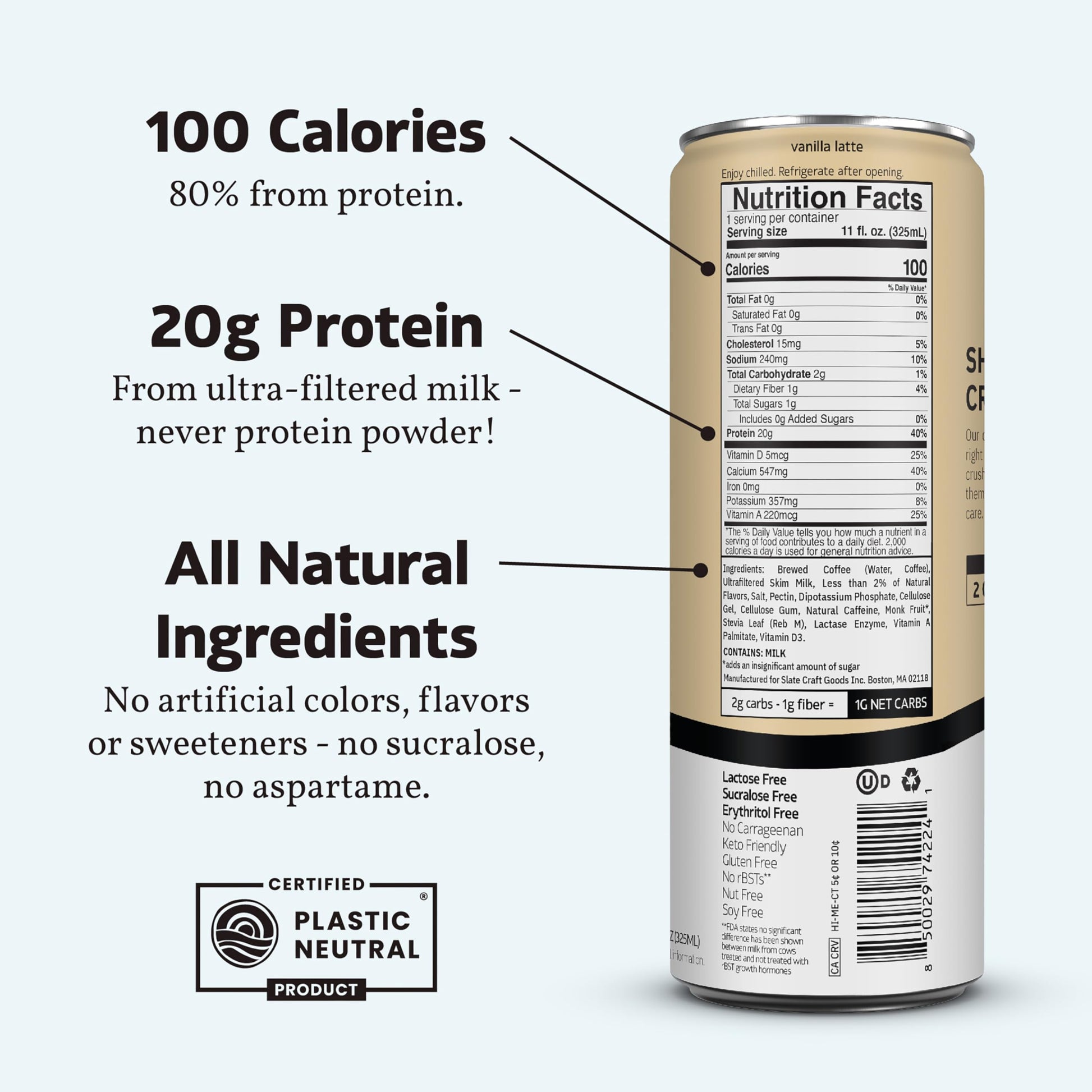 Slate Milk - High Protein Iced Coffee - Vanilla Latte - 175mg Caffeine, Lactose Free Energy - 20g Protein, 1g Sugar, 100 Calories, 1g Net Carbs, No Sugar Added - Protein Coffee - 11 fl oz, 12 Cans - Medaid International