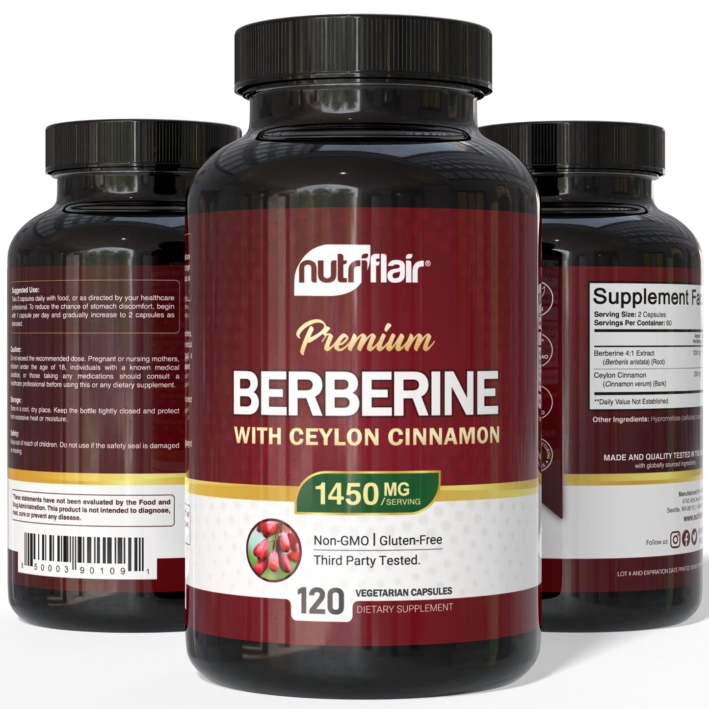 NutriFlair Berberine with Ceylon Cinnamon 1450mg Supplement – 120 Capsules | High Potency Formula with Berberine HCl & Organic Ceylon Cinnamon | Non-GMO, Vegan, Gluten-Free - Medaid International