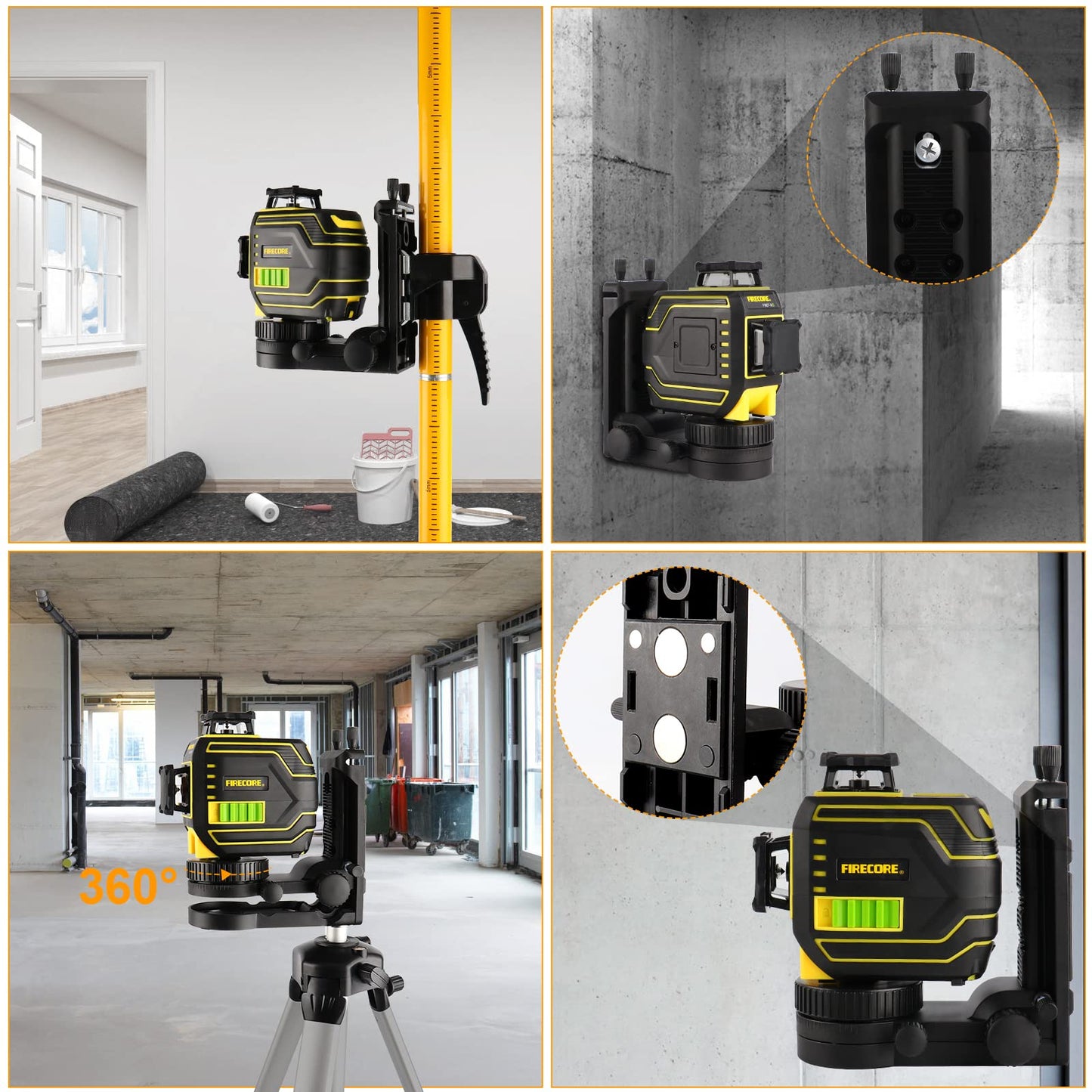 Laser Level Pole, Firecore Upgraded 12 ft. Telescoping Laser Pole with Tripod and Multifunctional Mounting Clamp, Adjustable Bracket with 1/4"-20 Laser Mount for Rotary and Line Laser Level- FLP370CX - Medaid International