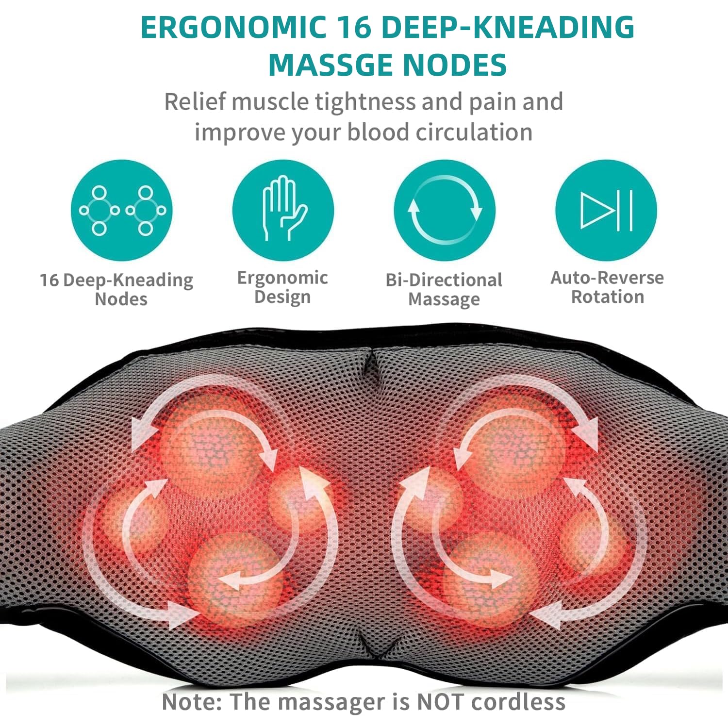Nekteck Shiatsu Neck Massager for Pain Relief Deep Tissue with Heat, 3D Kneading Massage Pillow Back Shoulder Massagerfor Body Muscle, Plug-in Use for Home Office Car, Gifts for Mom Dad Him Her - Medaid International