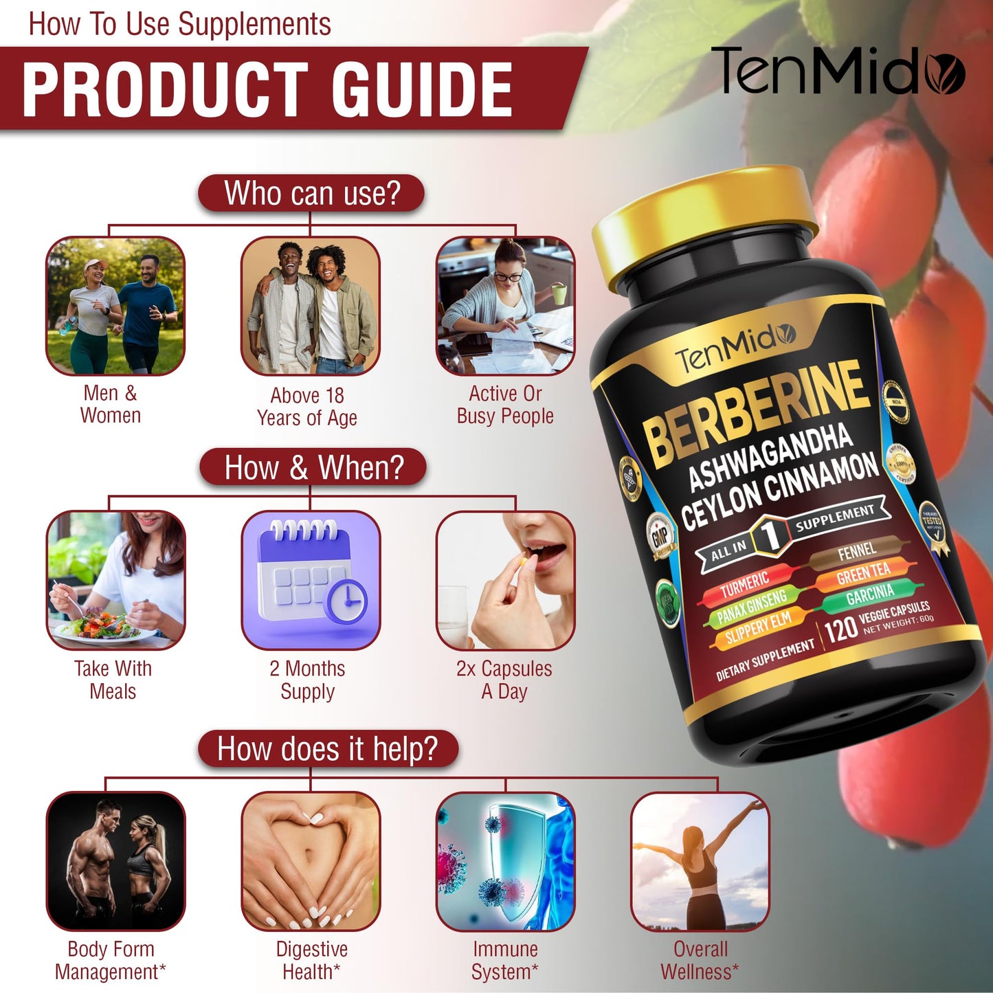 Tenmido Berberine Supplement - 10in1 Formula with Ashwagandha, Ceylon Cinnamon, Turmeric, Panax Ginseng, Slippery Elm, Fennel, Green Tea, & More - Immune, Digestive Support - 120 Caps - Medaid International