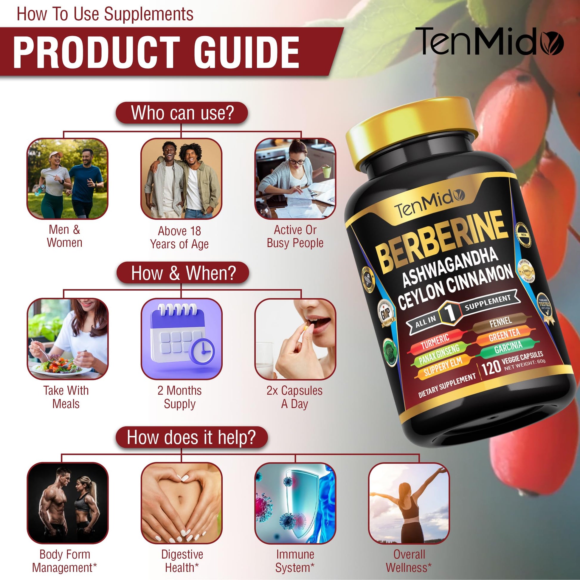 Tenmido Berberine Supplement - 10in1 Formula with Ashwagandha, Ceylon Cinnamon, Turmeric, Panax Ginseng, Slippery Elm, Fennel, Green Tea, & More - Immune, Digestive Support - 120 Caps - Medaid International