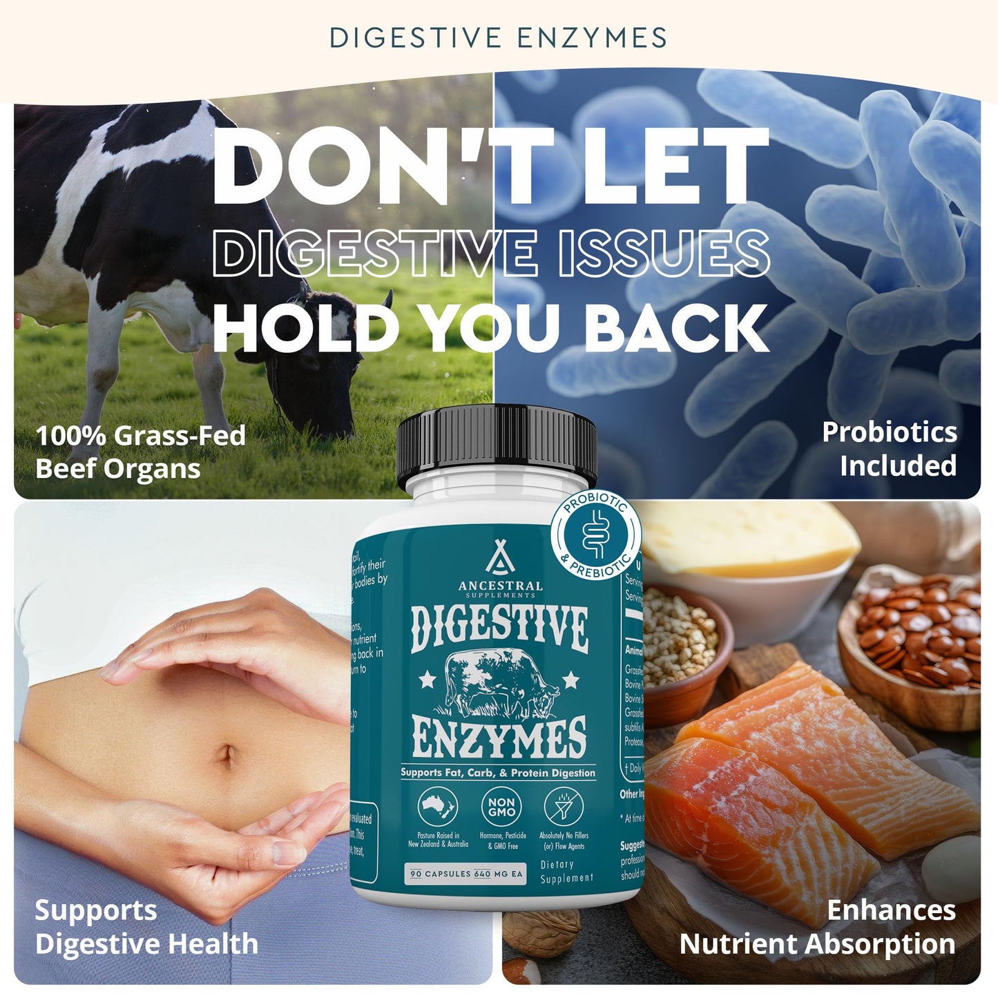 Ancestral Supplements Digestive Enzymes for Women & Men, 90 Capsules, with Probiotics and Grass Fed Beef Organs, Supports Gut Health, Digestive Health & Nutrient Absorption, Allergen Free, Non GMO - Medaid International