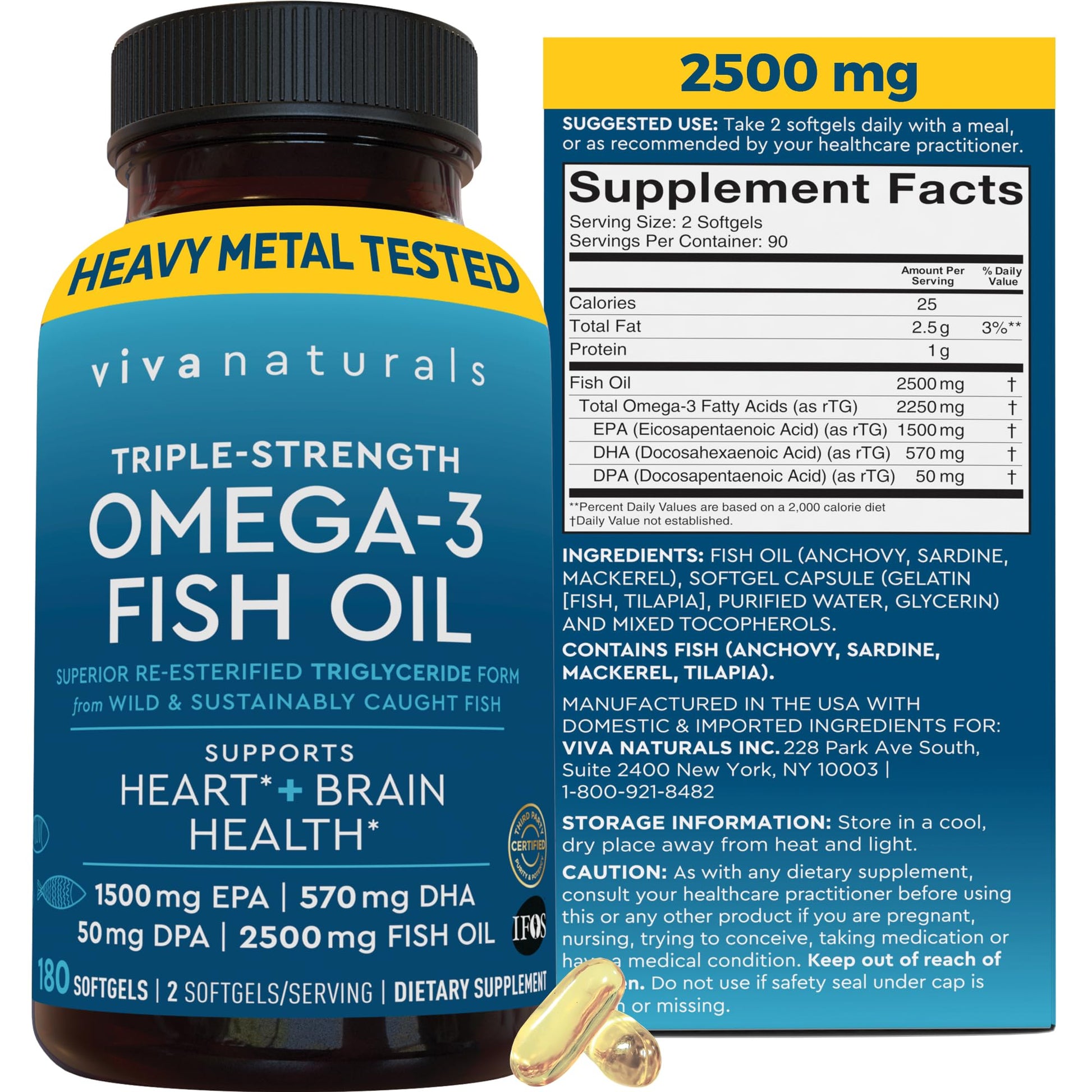 Triple Strength Omega 3 Fish Oil Supplement for Women and Men – 2500 mg High-Potency, Easy-to-Absorb Re-esterified Triglyceride Form, Pescatarian-Friendly DPA EPA DHA Omega 3 Supplement, 180 Softgels - Medaid International
