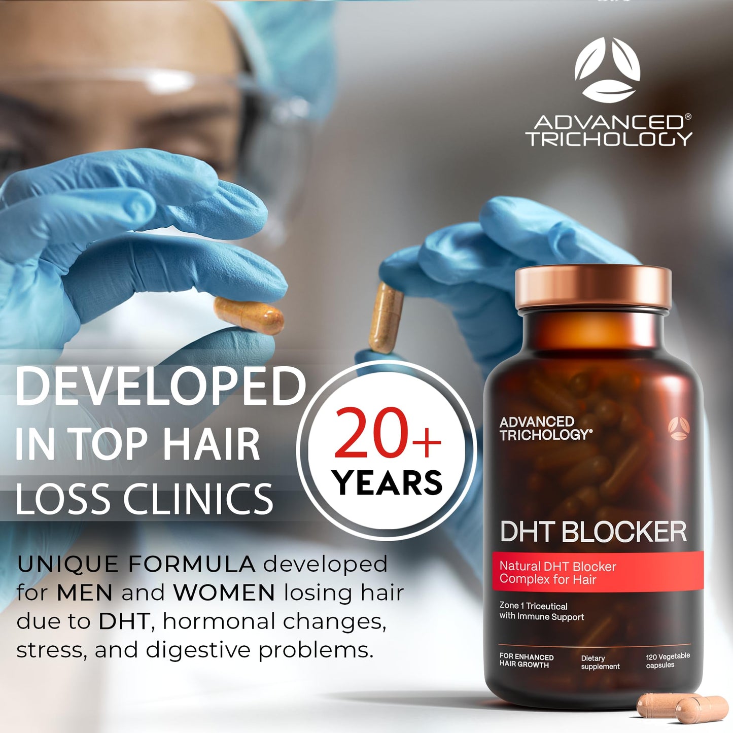 Advanced Trichology DHT Blocker - Hair Growth Supplement for Genetic Thinning for Men and Women | Approved* by American Hair Loss Association - 120 Count (Pack of 1) - Medaid International
