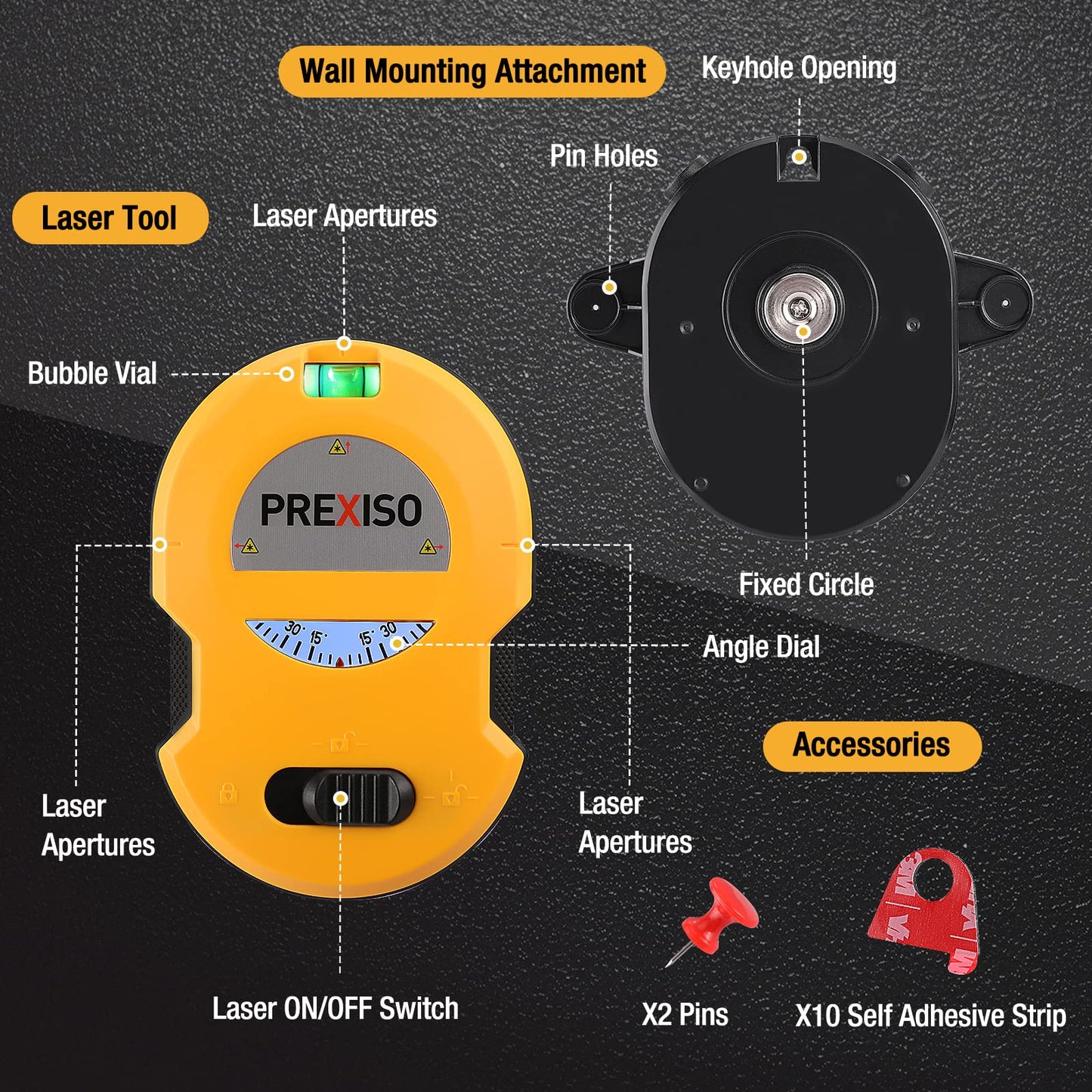PREXISO Multi Surface Laser Level LED Light Vial, 30Ft Horizontal & Vertical Line Laser with Wall Mount Base, 2 Pins, 10 Sticker, 2 AA Batteries for Hanging Frames & Picture, Construction Wall Writing - Medaid International