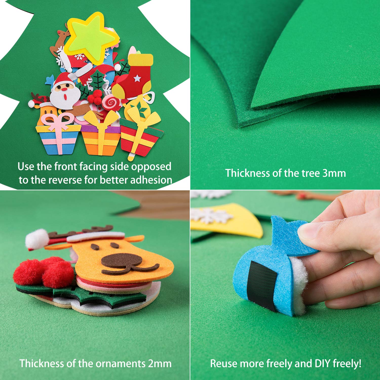 TOBEHIGHER DIY Felt Christmas Tree - 3.6 FT, 41 Piece Ornament Set, 3D Design, Reusable Adhesive Pads, Green, Life-Size, Unisex, Christmas Theme, Art & Craft Kit for Kids - Medaid International