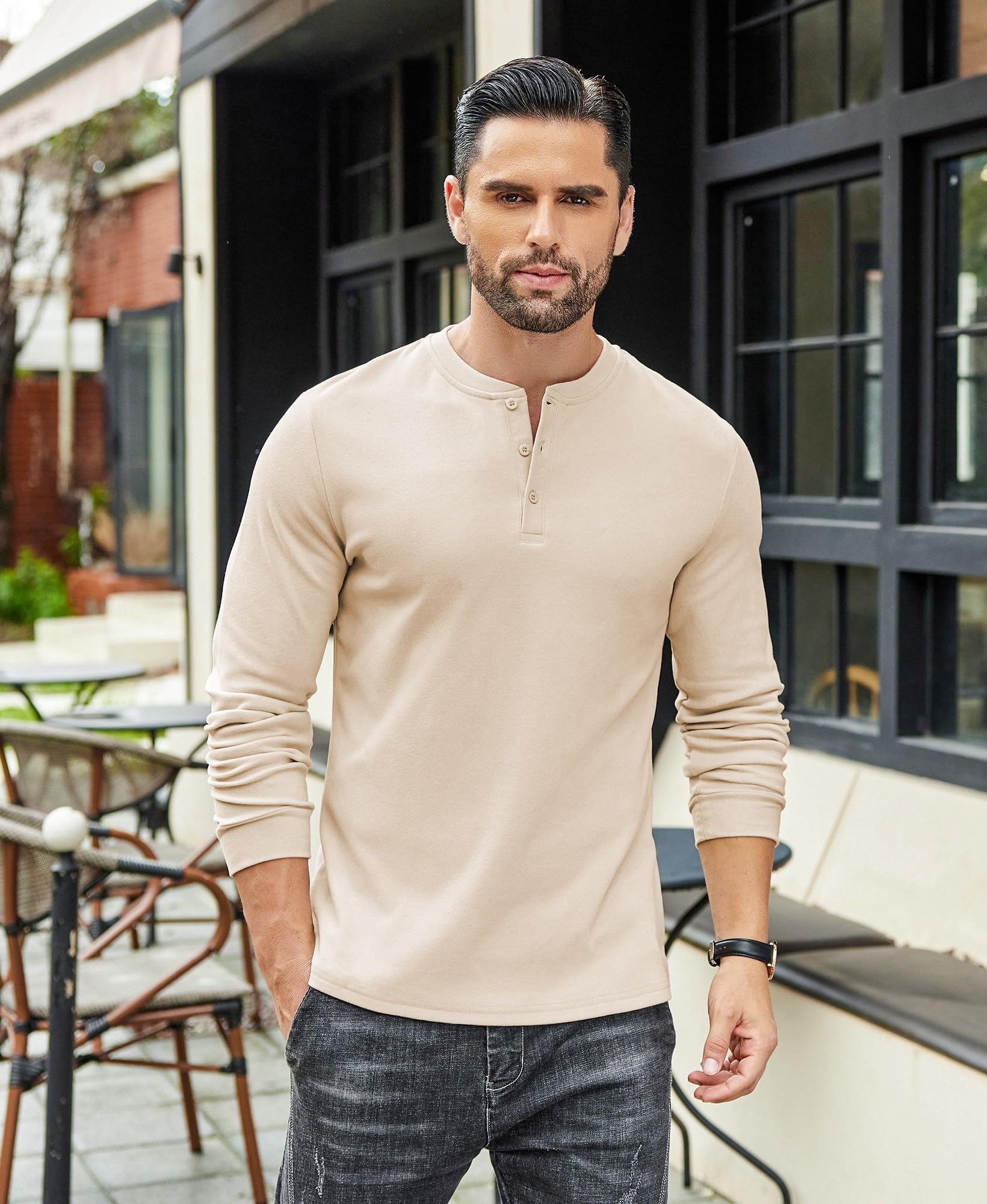 COOFANDY Men's Casual Henley Shirt Soft Stretch Long Sleeve T-Shirt Heavyweight Henley Pullover Basic Solid Plain T Shirt Khaki - Medaid International