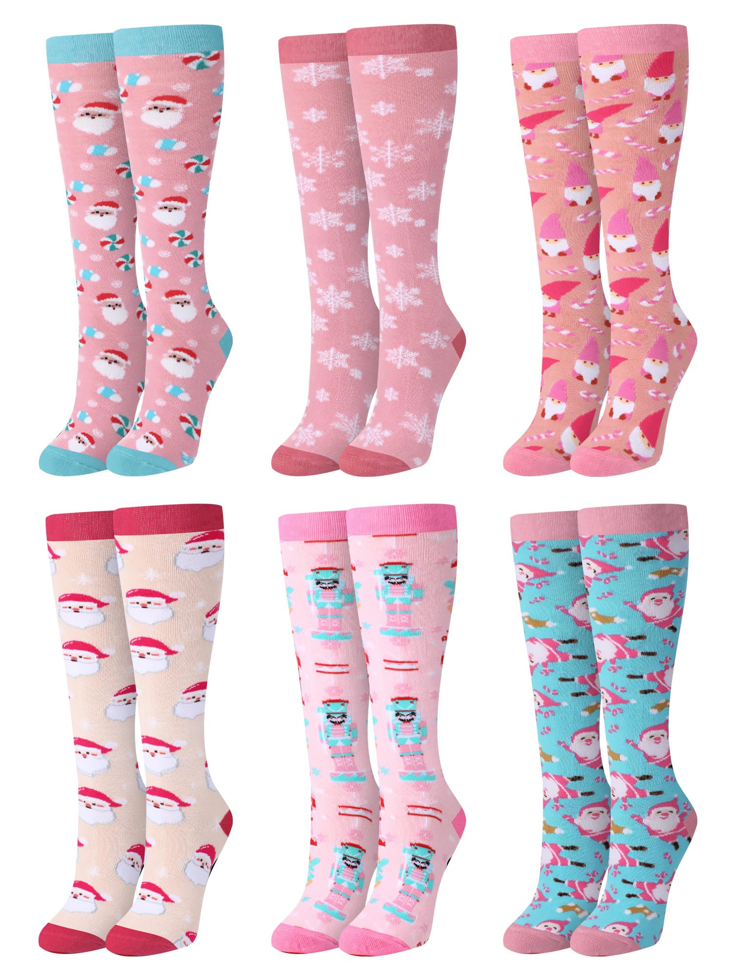 Croloose 6 Pairs Pink Christmas Socks for Women Girls Fun Santa Gnome Nutcracker Snowflake Cotton Xmas Stocking Socks(Knee High Style) - Medaid International