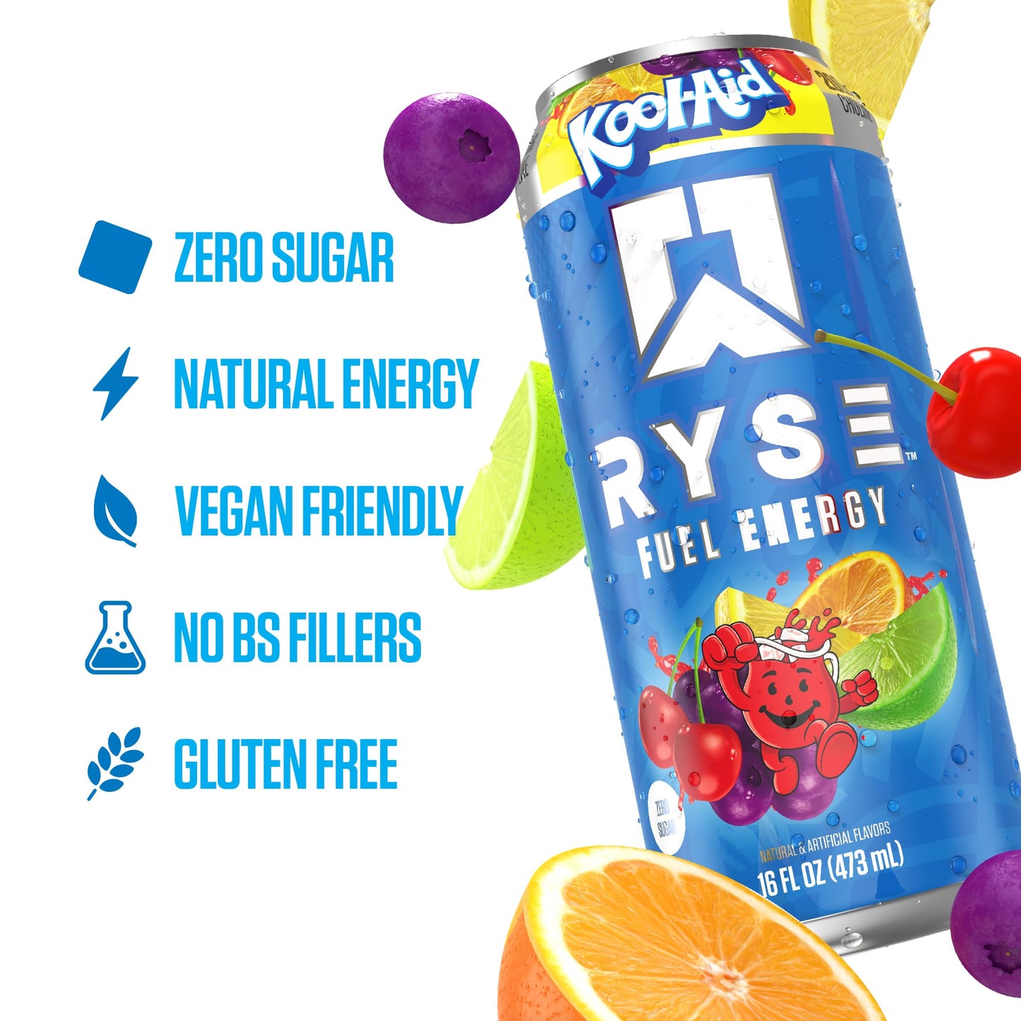 RYSE Fuel Energy Drink - Kool-Aid Tropical Punch - Sugar Free, Gluten Free & Vegan - 200mg Natural Caffeine, Taurine & Choline for Focus & Energy - No Artificial Colors - 16 fl oz Cans (12-Pack) - Medaid International