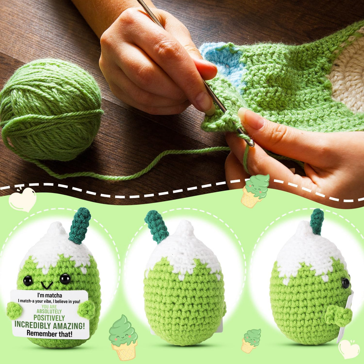 KASTWAVE Crochet Matcha Buddy Doll, with Positive Vibes Card, Handmade Emotional Support Crochet Inspirational Gifts, Inspirational Birthday Gift for Girlfriend Gifts, Coworker, Employee, Boss Gift