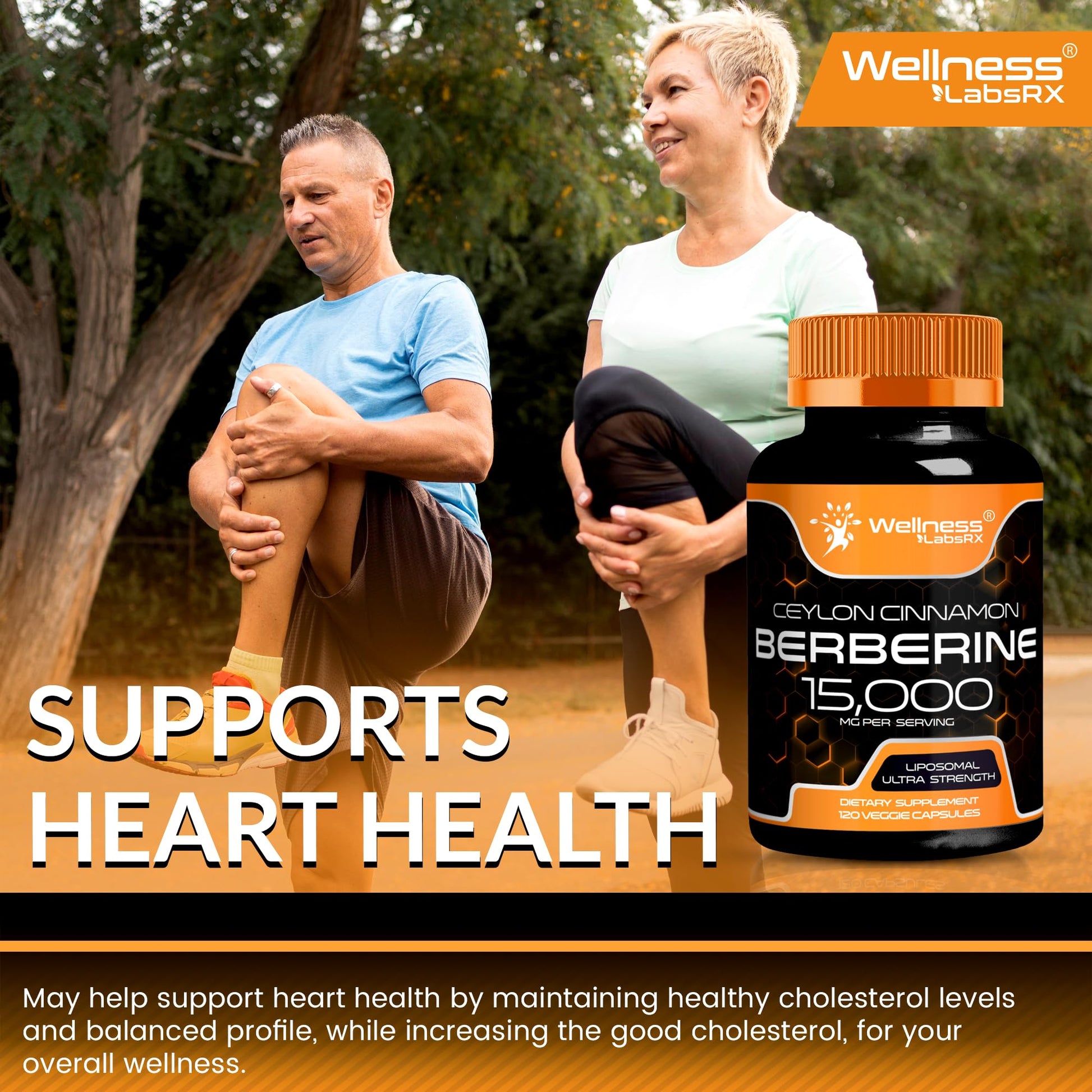 WELLNESS LABSRX Berberine 15,000mg - Third-Party Tested Berberine Supplement HCL with Ceylon Cinnamon, Black Pepper Extract and Apple Cider Vinegar, Heart Support Capsules - 120 Capsules - Pack of 1 - Medaid International