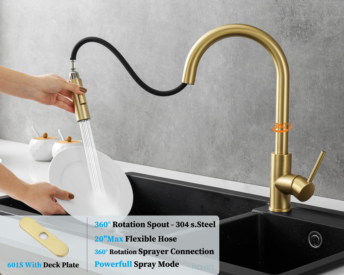 Havin HV601 Kitchen Faucet,Brushed Gold Color, cUPC Certificate for The Cartridge,Fit for 1 and 3 Holes Kitchen Sink,Brassy Yellow-Greenish,Gold Color