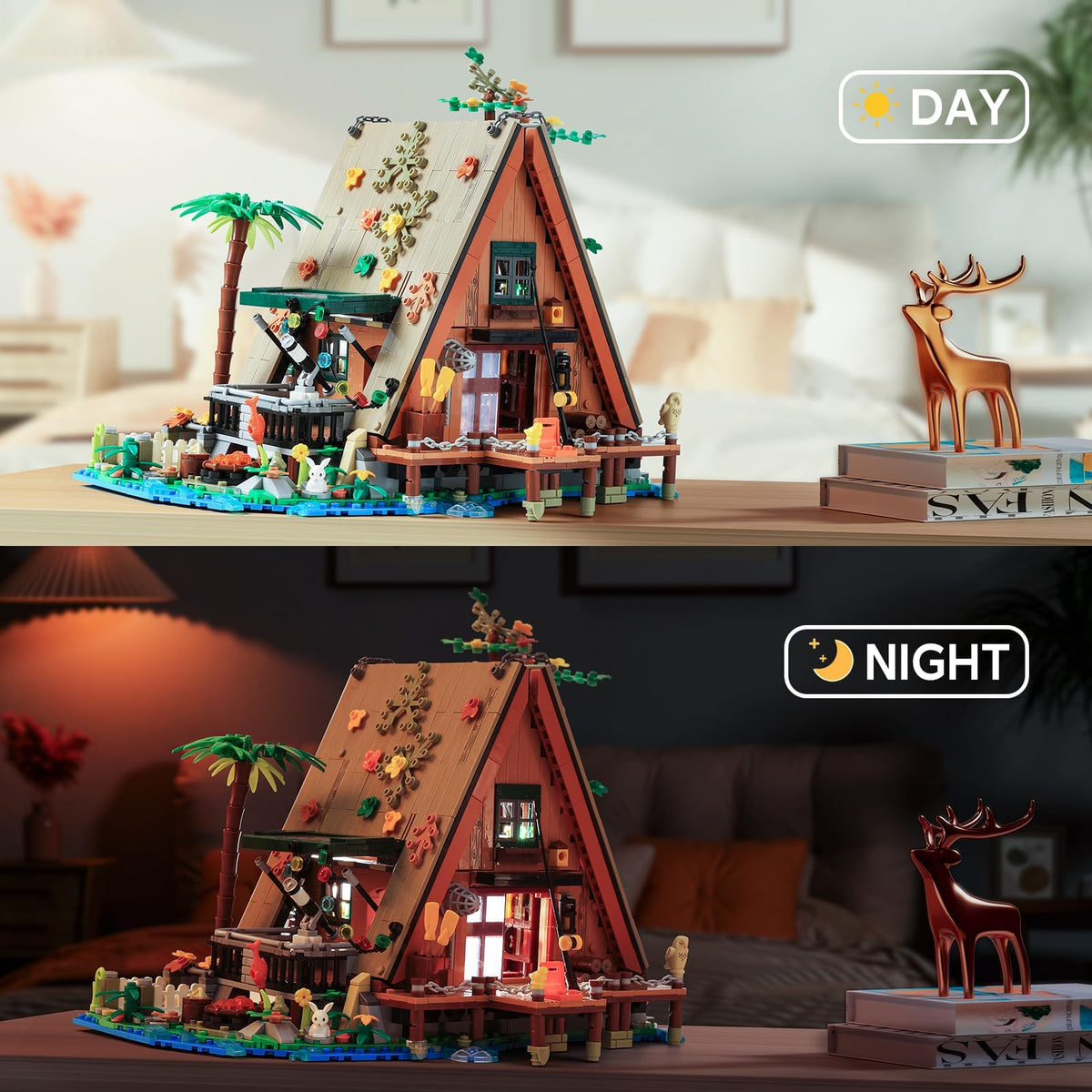 KASTWAVE Wood Cabin Mini Building Block, 1486 Pcs Creative Forest Cabin Building Bricks Set with Light Effect, STEM Architecture Toys Kit, Gift for Kids Boys and Girls Ages 8