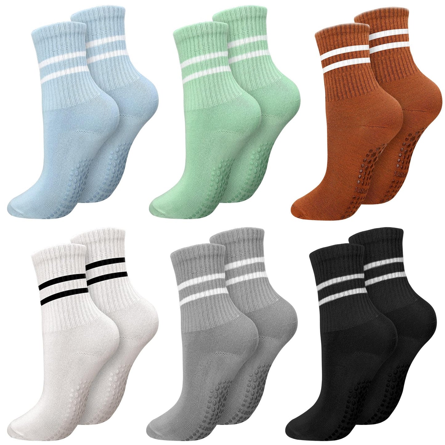 Sureio 6 Pairs Women Long Pilates Grip Socks with Non Slip Crew Grippy Socks with Stripe for Sports Yoga Barre Ballet (Classic Color) - Medaid International