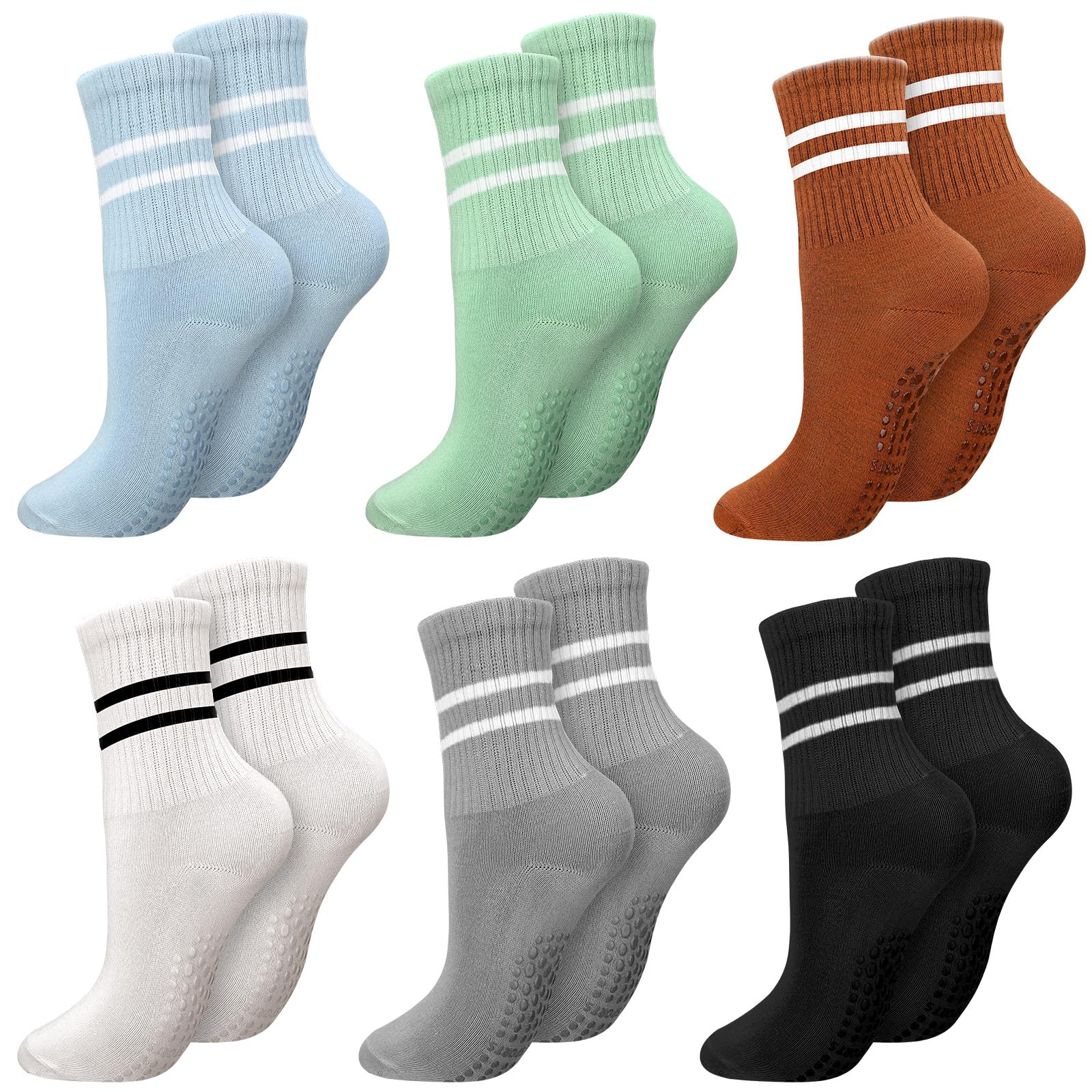 Sureio 6 Pairs Women Long Pilates Grip Socks with Non Slip Crew Grippy Socks with Stripe for Sports Yoga Barre Ballet (Classic Color) - Medaid International