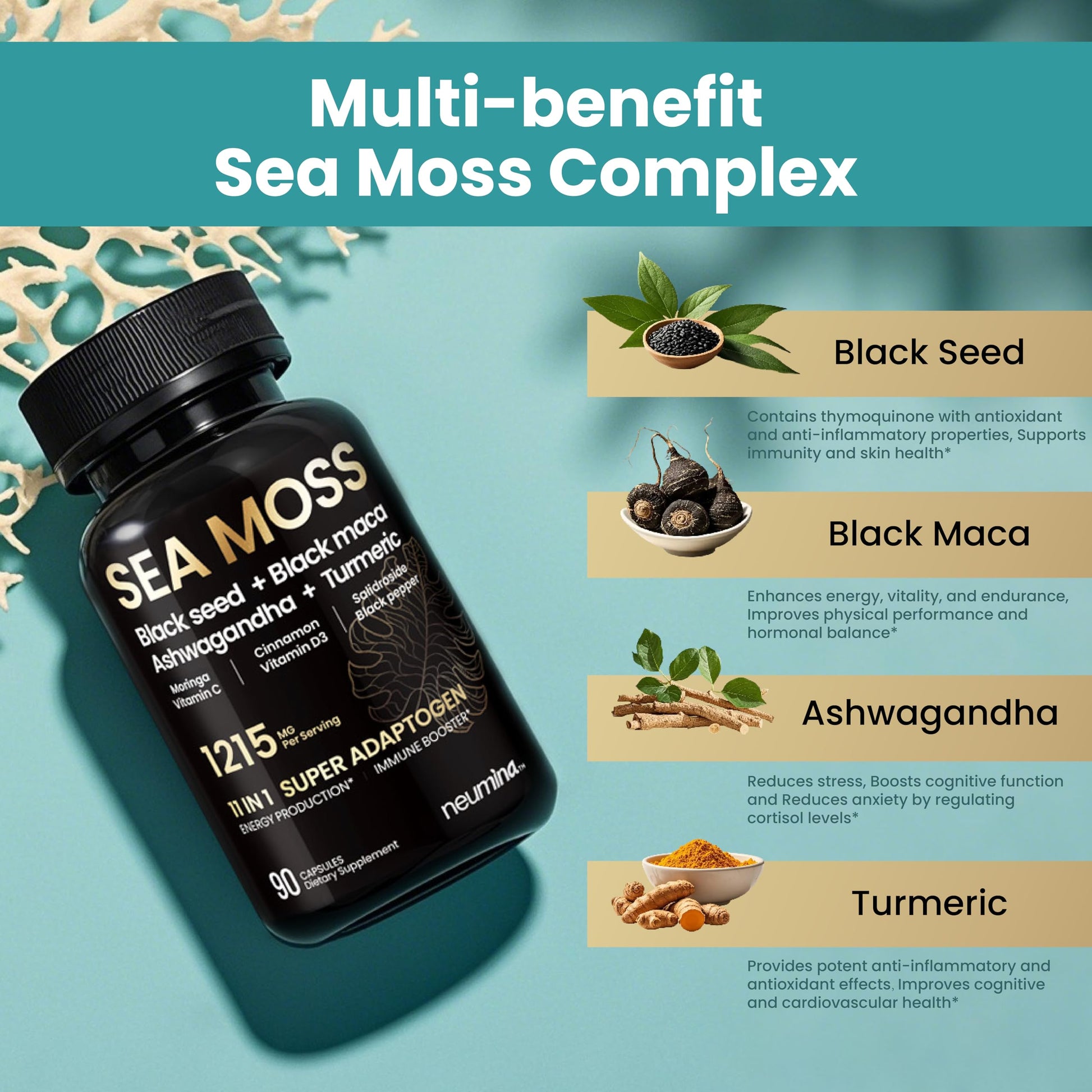 NEUMINA 1215mg Sea Moss Super Adaptogen Capsules, 90 Count - High-Potency, Pure, Made in The USA, Vegan Powerhouse with Black Seed, Black maca, Ashwagandha & Turmeric – Energy, Stress & Immune Boost - Medaid International
