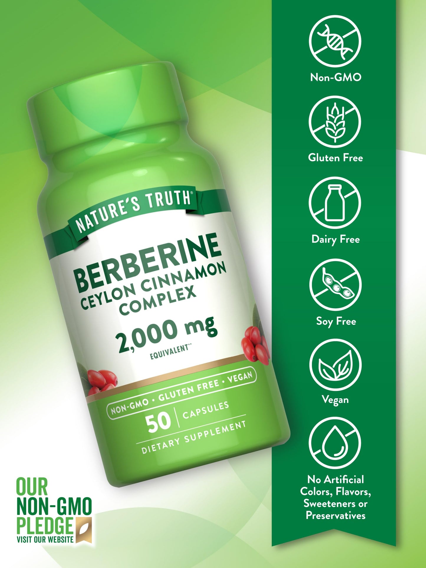 Nature's Truth Berberine with Ceylon Cinnamon Complex | 2,000mg | 50 Vegan Capsules | Vegan, Non-GMO, and Gluten Free Supplement - Medaid International