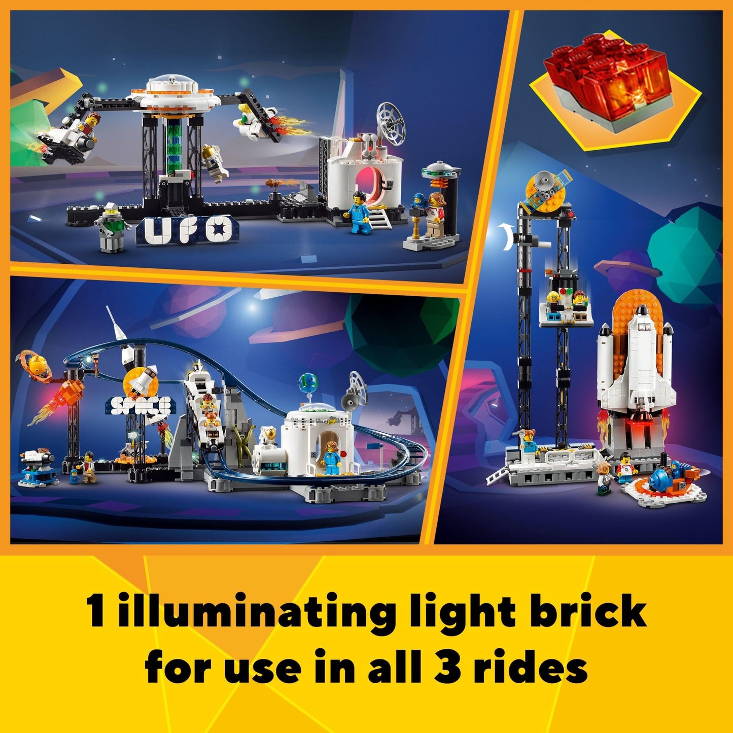 Lego Creator 3 in 1 Space Roller Coaster Building Toy Set Featuring a Roller Coaster, Drop Tower, Carousel and 5 Minifigures, Rebuildable Amusement Park for Kids Ages 9+, 31142 - Medaid International