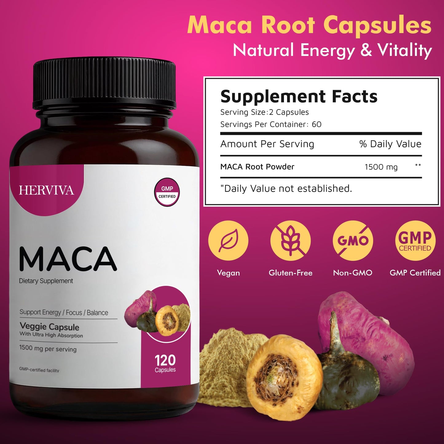 HERVIVA Maca Root Capsules for Women & Men – Maca Root Powder 1500mg per Serving – Vegan Veggie Capsules - Medaid International