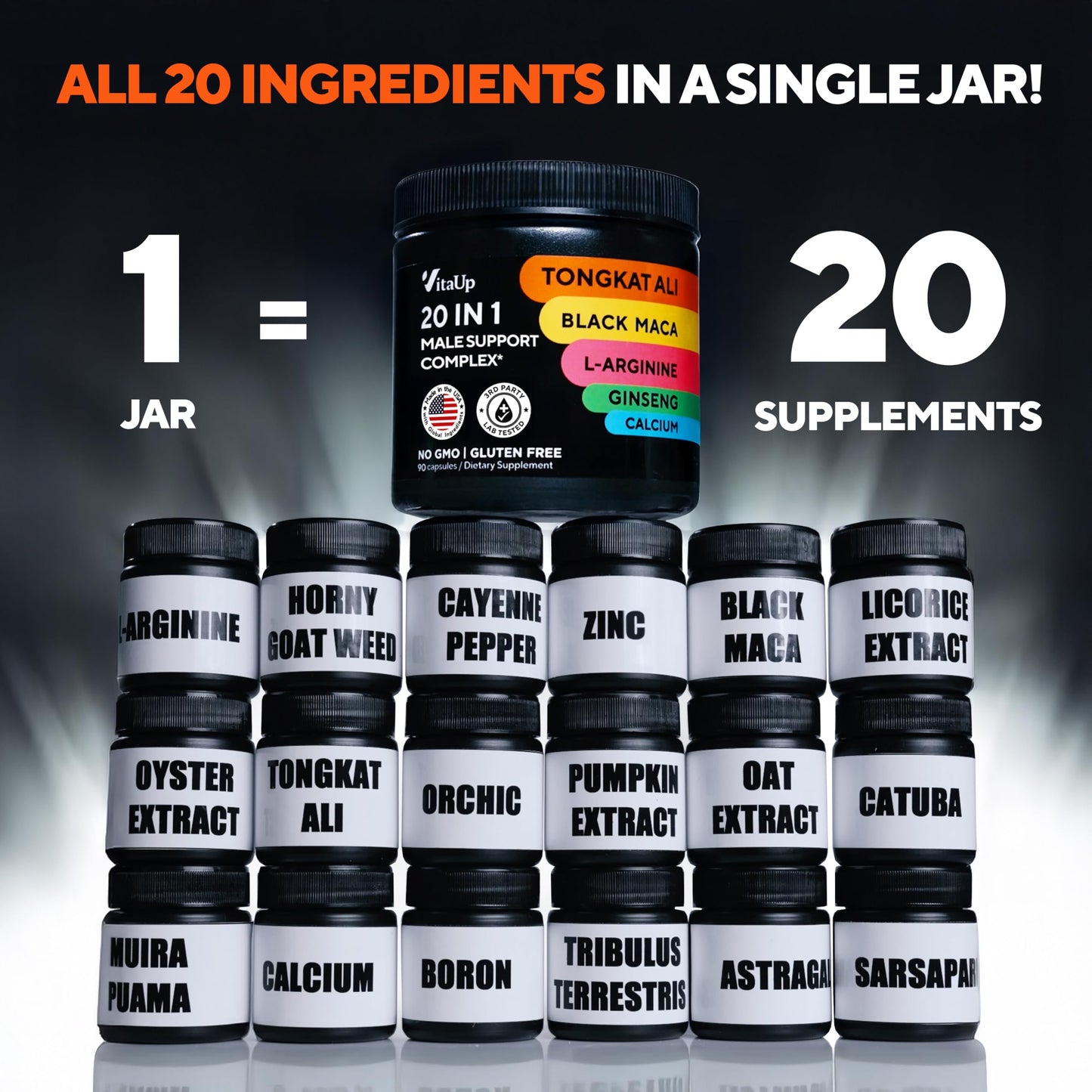 VitaUp Tongkat Ali for Men 20 in 1 with Astragalus - USA Made Mens Supplement Complex with Black Maca Root, L-Arginine, Ginseng, Calcium, Astragalus for Normal Strength & Endurance Support - 90 Caps - Medaid International